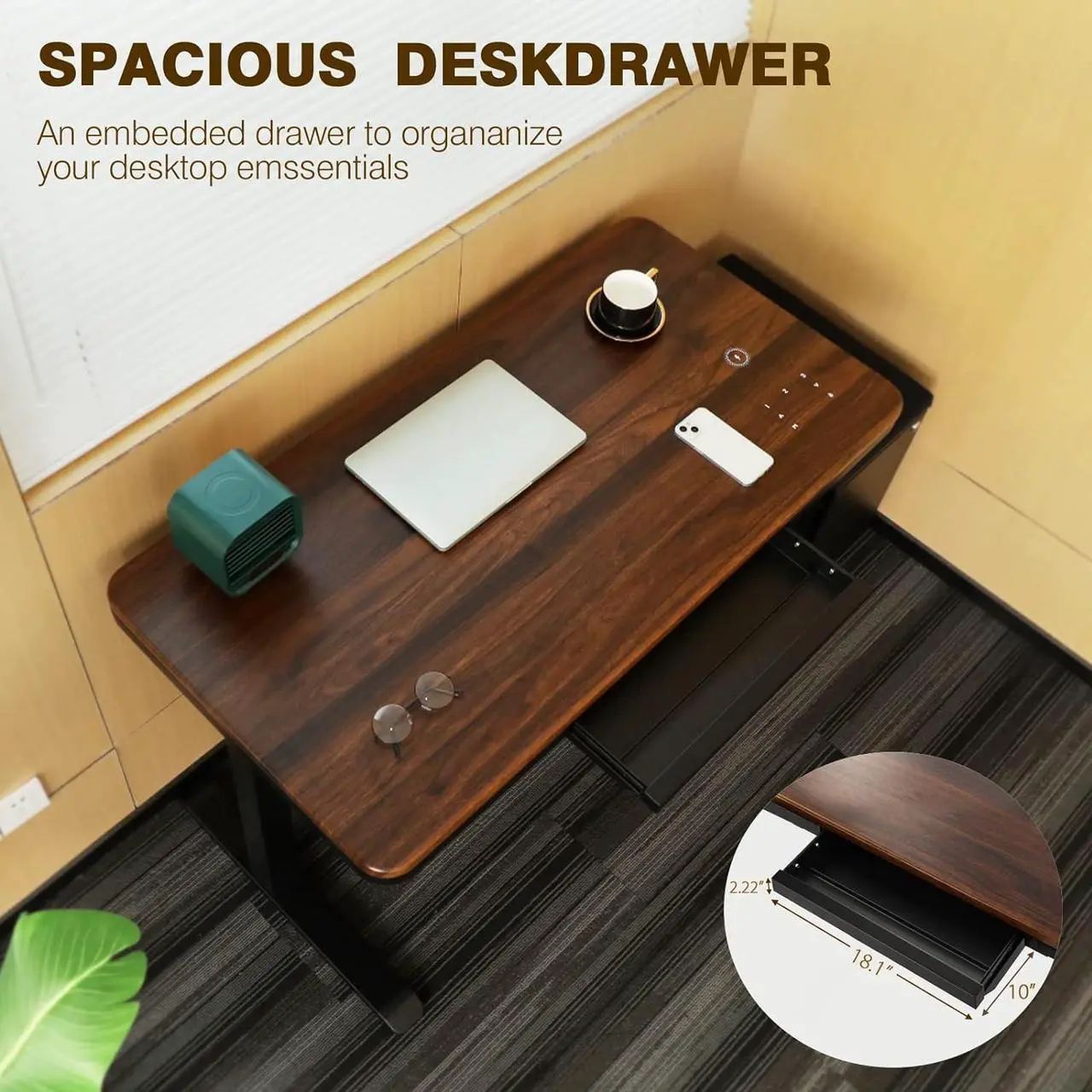Alt view image 7 of 7 - Wood Standing Desk with Drawer 45" Dual Motor Electric Height Adjustable Desk Whole-Piece Easy Assembly Sit Stand Desk with Touchscreen Controller&Wireless Charging &USB Port& Power Strip