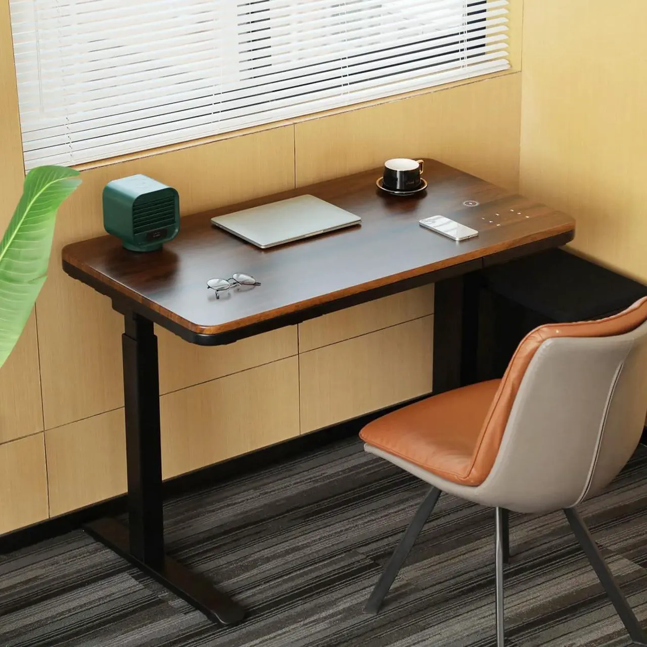 Alt view image 4 of 7 - Wood Standing Desk with Drawer 45" Dual Motor Electric Height Adjustable Desk Whole-Piece Easy Assembly Sit Stand Desk with Touchscreen Controller&Wireless Charging &USB Port& Power Strip