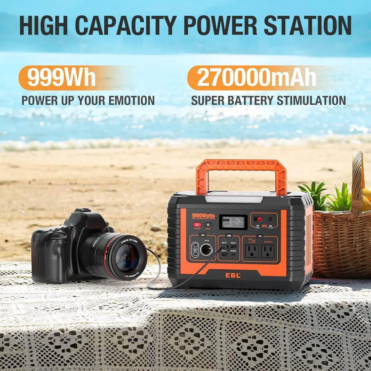 Alt view image 2 of 7 - Portable Power Station, Solar Generator 1000W and 2X 100W Portable Solar Panel with 2 x AC Outlets, 3 x QC3.0 USB, and PD60W port for Outdoor Camping, Home Emergency, RV/Van