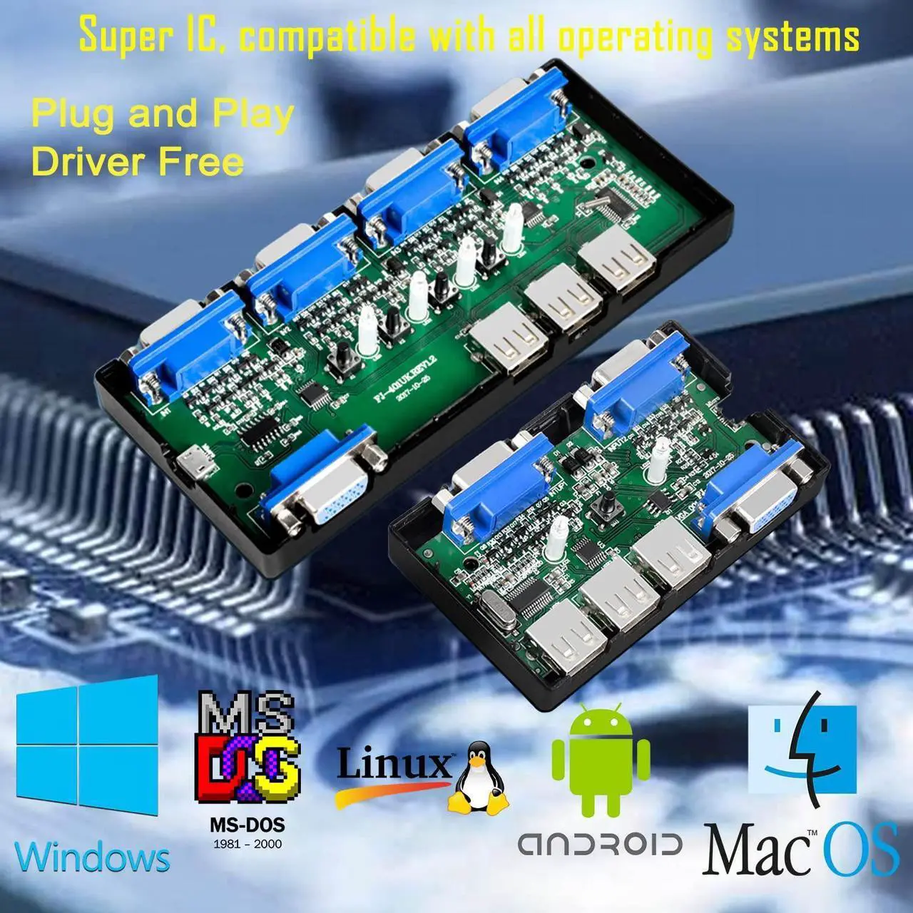 Alt view image 5 of 7 - Switch VGA 4 Port - VGA KVM Switch for 4 Computers Share 1 Monitor & 3 USB 2.0 Devices,Keyboard Mouse Scanner Printer,U Disk, Driver-Free for All OS,4 KVM Cables 1 Desktop Controller Included