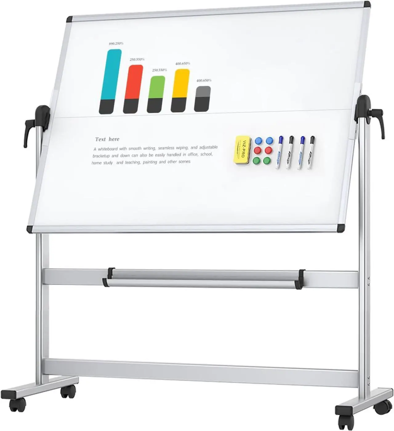 Main image of Double-Sided Mobile Whiteboard, 48 x 36 Inches, Magnetic Rolling Dry Erase White Board on Wheels with Aluminium Frame and Stand