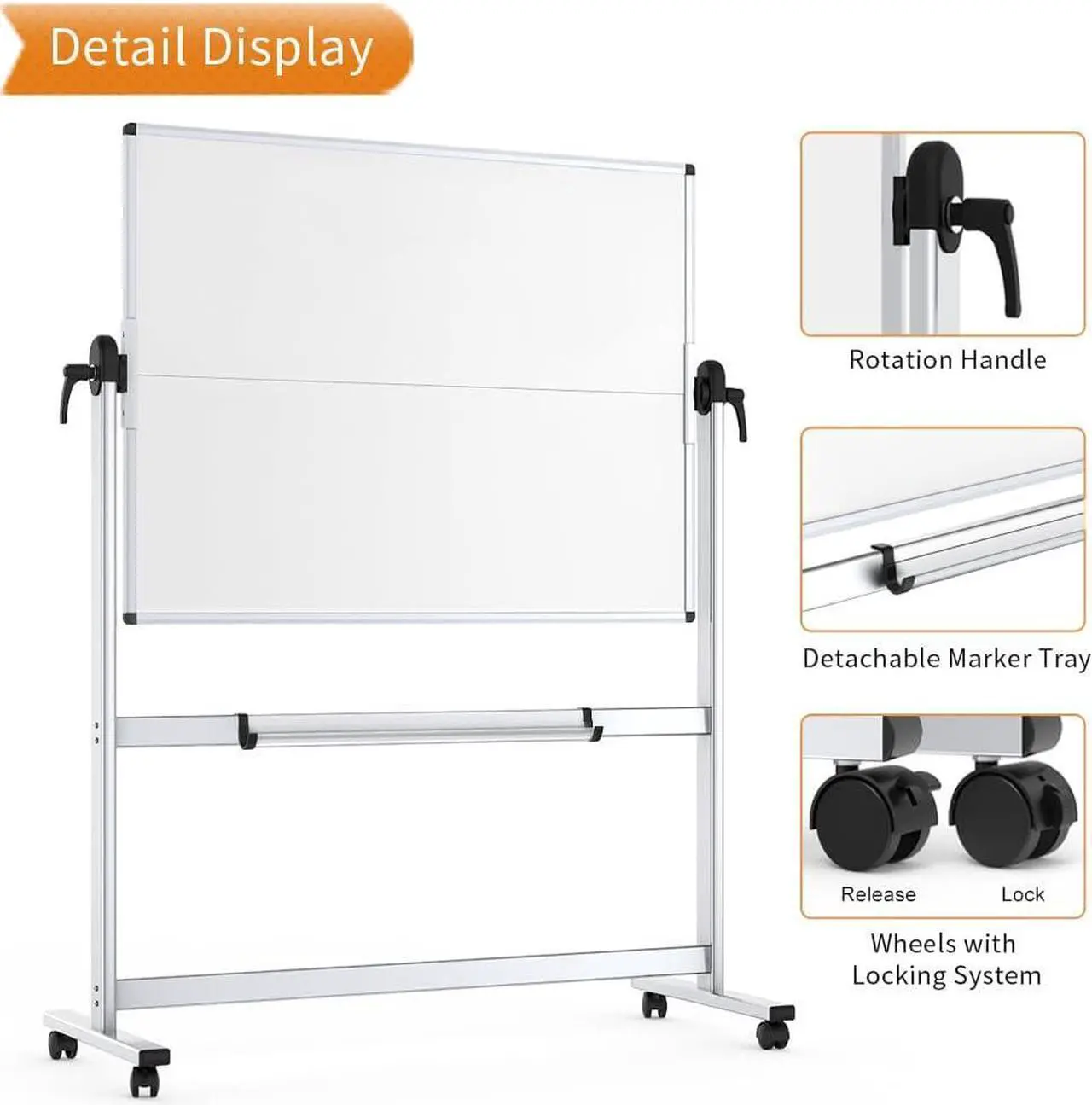 Alt view image 4 of 6 - Double-Sided Mobile Whiteboard, 48 x 36 Inches, Magnetic Rolling Dry Erase White Board on Wheels with Aluminium Frame and Stand
