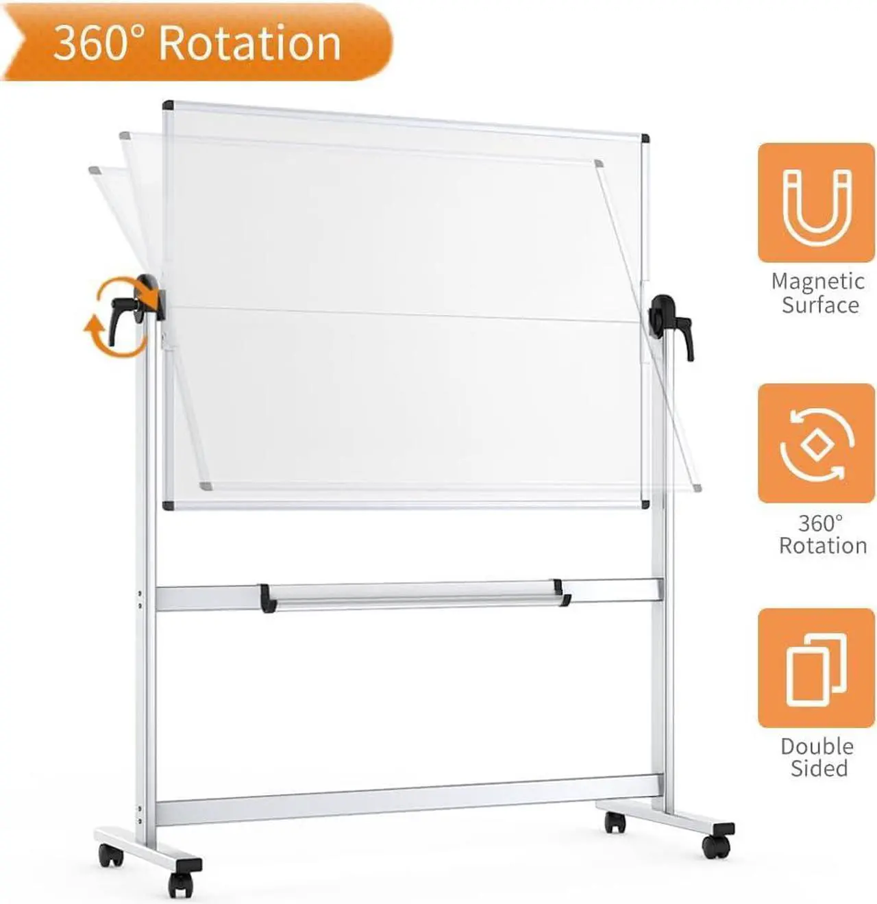 Alt view image 3 of 6 - Double-Sided Mobile Whiteboard, 48 x 36 Inches, Magnetic Rolling Dry Erase White Board on Wheels with Aluminium Frame and Stand