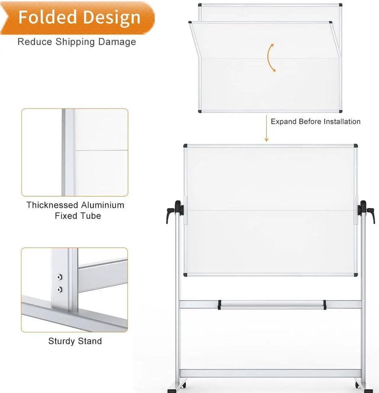 Alt view image 5 of 6 - Double-Sided Mobile Whiteboard, 48 x 36 Inches, Magnetic Rolling Dry Erase White Board on Wheels with Aluminium Frame and Stand