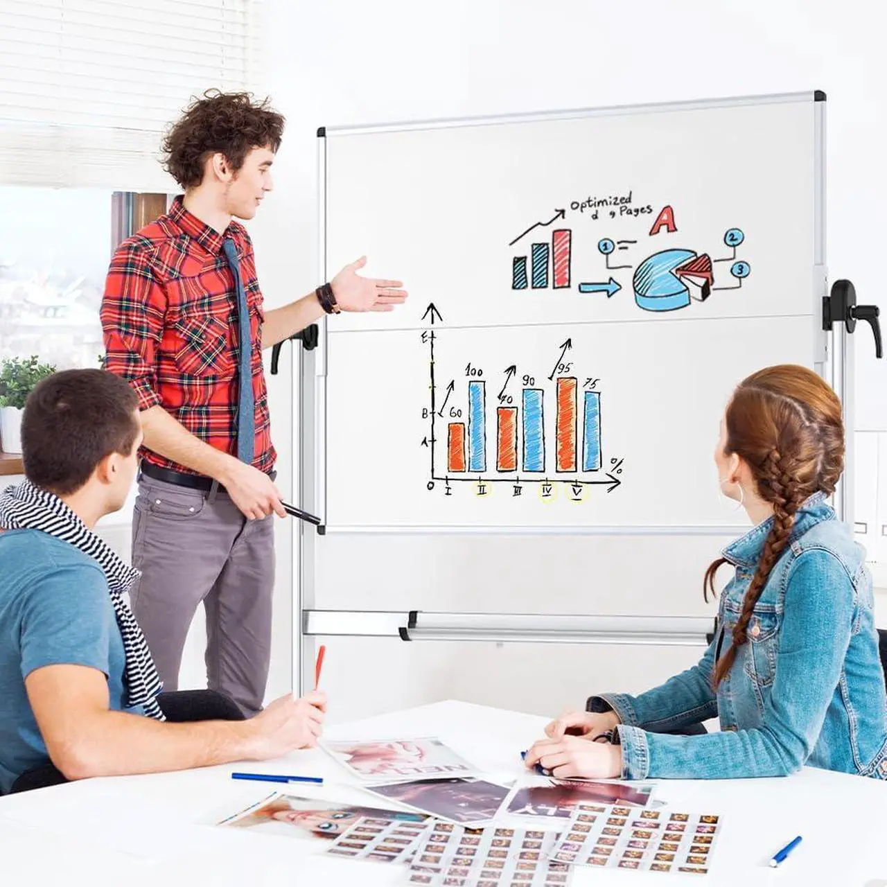 Alt view image 6 of 6 - Double-Sided Mobile Whiteboard, 48 x 36 Inches, Magnetic Rolling Dry Erase White Board on Wheels with Aluminium Frame and Stand