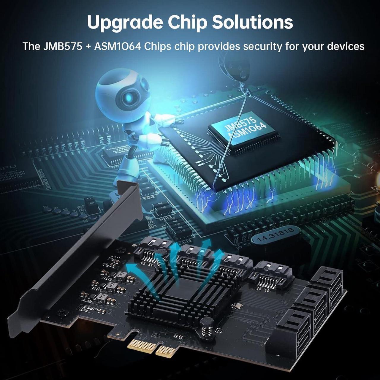 Alt view image 6 of 6 - PCIE SATA Card 10 Port with 10 SATA Cable, 6Gbps SATA 3.0 Controller PCI Express Expansion Card with Low Profile Bracket, Support 10 SATA 3.0 Devices,Compatible with Windows,MAC,Linux System