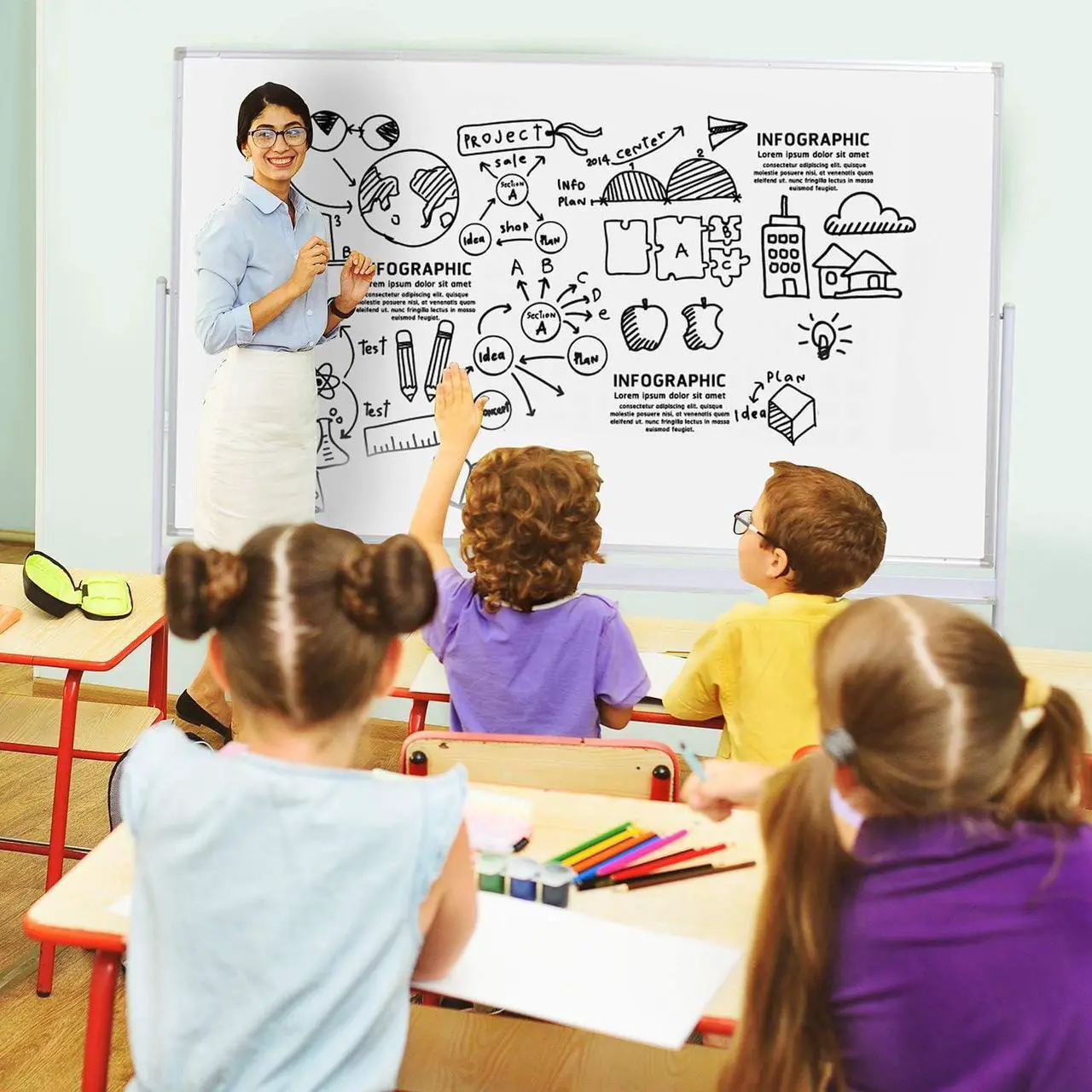 Alt view image 4 of 6 - Mobile Whiteboard 72"x40" Magnetic Dry Erase Board with Stand Double-Sided Rolling Whiteboard for Office, Home & School