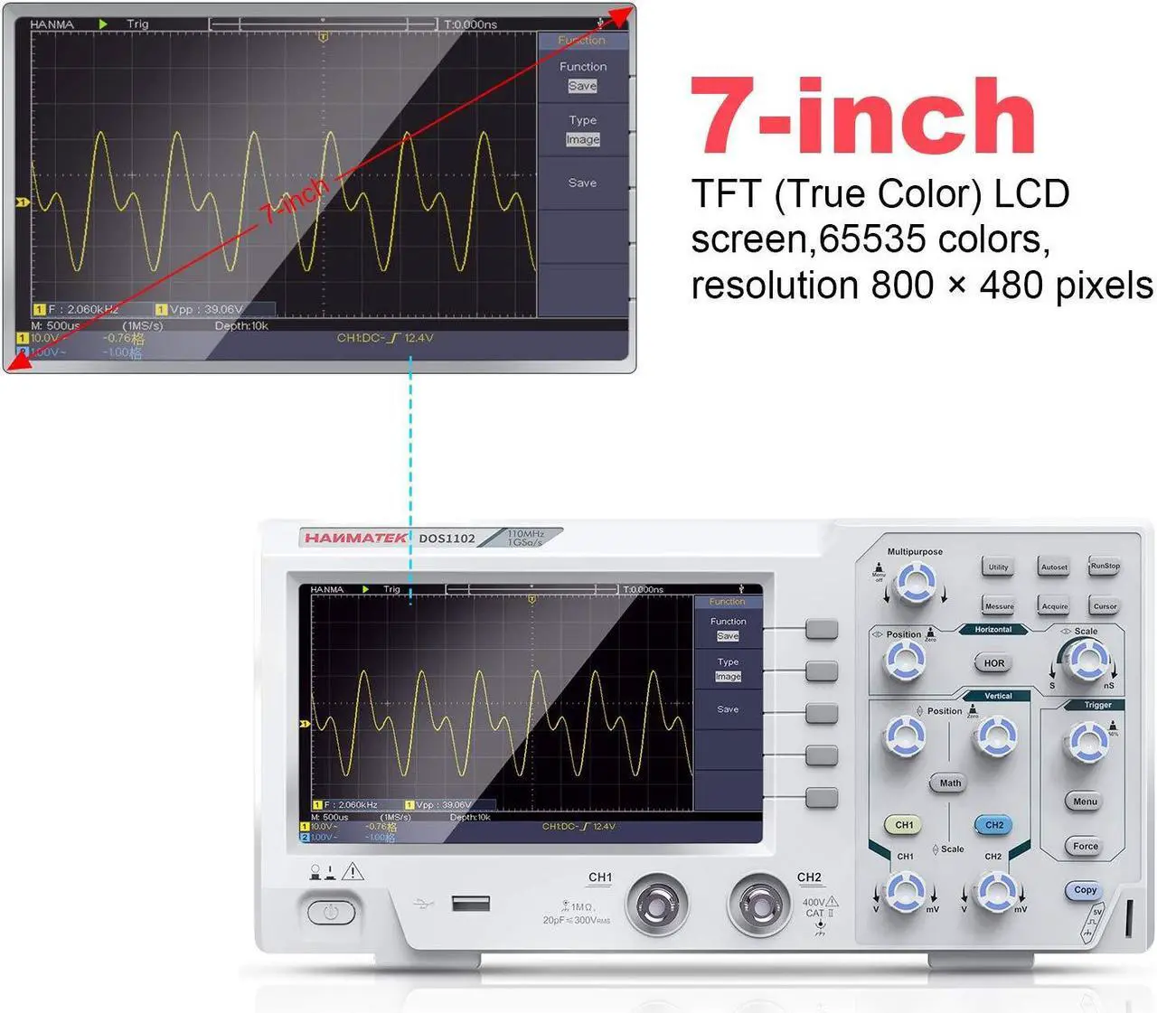 Alt view image 5 of 7 - 110mhz Bandwidth DOS1102 Digital Oscilloscope with 2 Channels and Screen 7 inch / 18 cm, TFT-LCD Display, Portable Professional Oscilloscope Kit with 500 MS/s *2 Sampling Rate