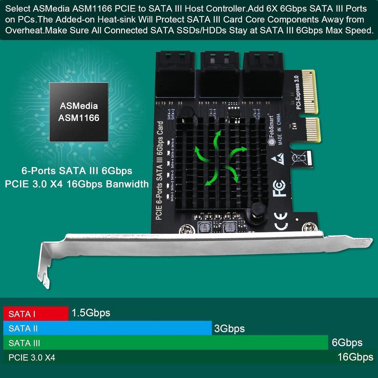 Alt view image 2 of 7 - PCIE to 6-Ports 6Gbps Max Speed SATA III Expansion Card for Desktop PCs, Plug and Play on Windows OS MAC OS Linux System, ASMedia ASM1166 None-Raid PCIE SATA III Host Controller (FS-S6-Pro)