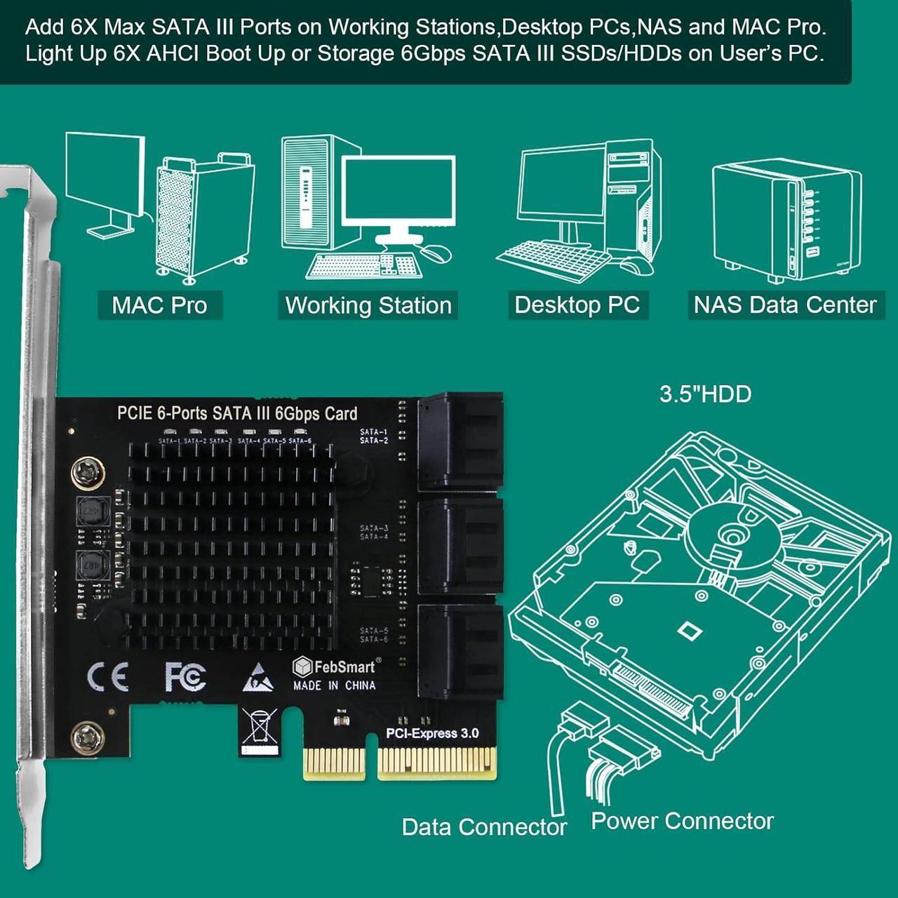 Alt view image 3 of 7 - PCIE to 6-Ports 6Gbps Max Speed SATA III Expansion Card for Desktop PCs, Plug and Play on Windows OS MAC OS Linux System, ASMedia ASM1166 None-Raid PCIE SATA III Host Controller (FS-S6-Pro)