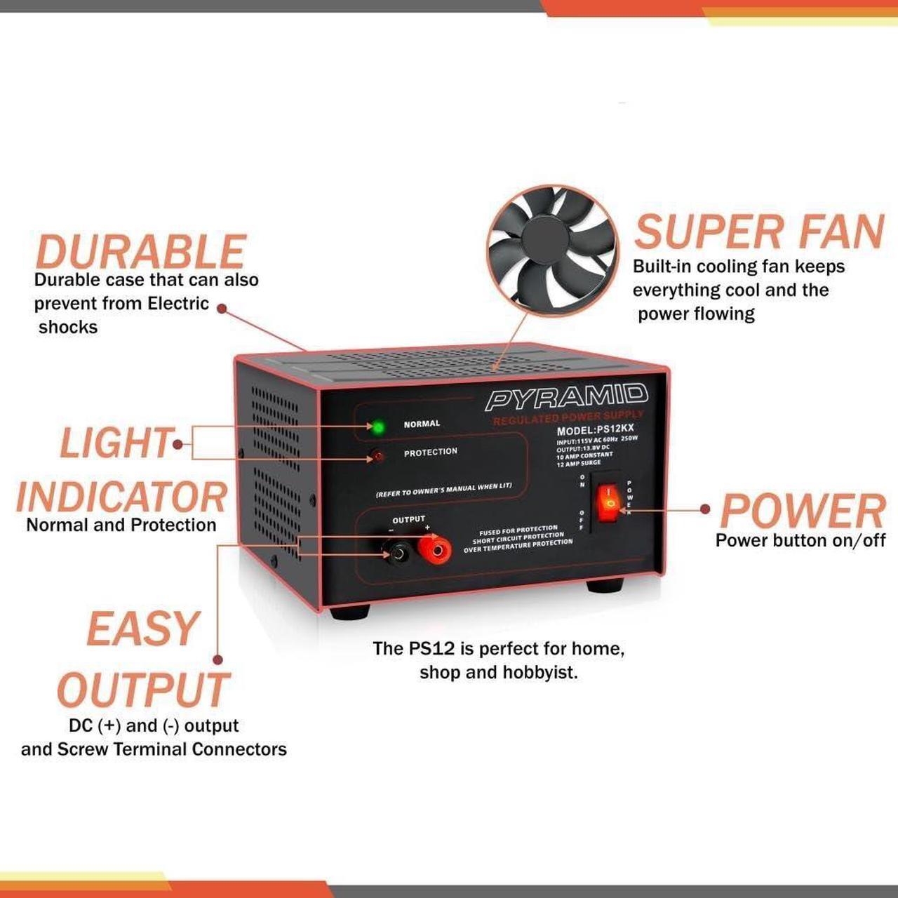 Alt view image 3 of 6 - Universal Compact Bench Power Supply - 10 Amp Linear Regulated Home Lab Benchtop AC-to-DC 12V Converter w/ 13.8 Volt DC 115V AC 250 Watt Input, Screw Type Terminals, Cooling Fan, LED - Pyramid PS12KX