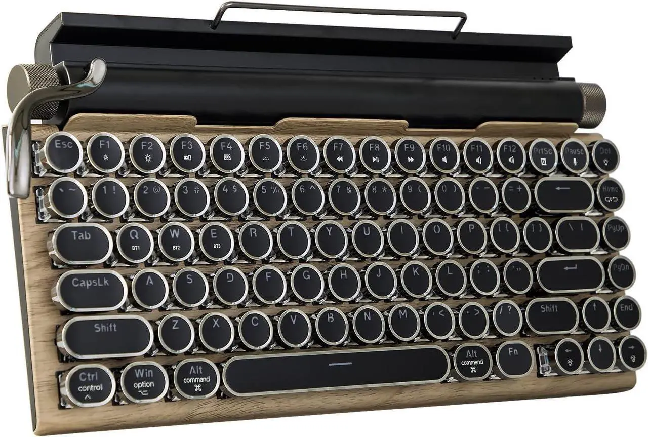 Main image of Typewriter-Style Retro Mechanical Keyboard LED Backlight 83 Keys Bluetooth 5.0 Blue Axis Wood Color Panel Compatible with iOS/Android/Windows/Vista/Linux/Mac Office/Gaming, 12.8x6.6x1.6in