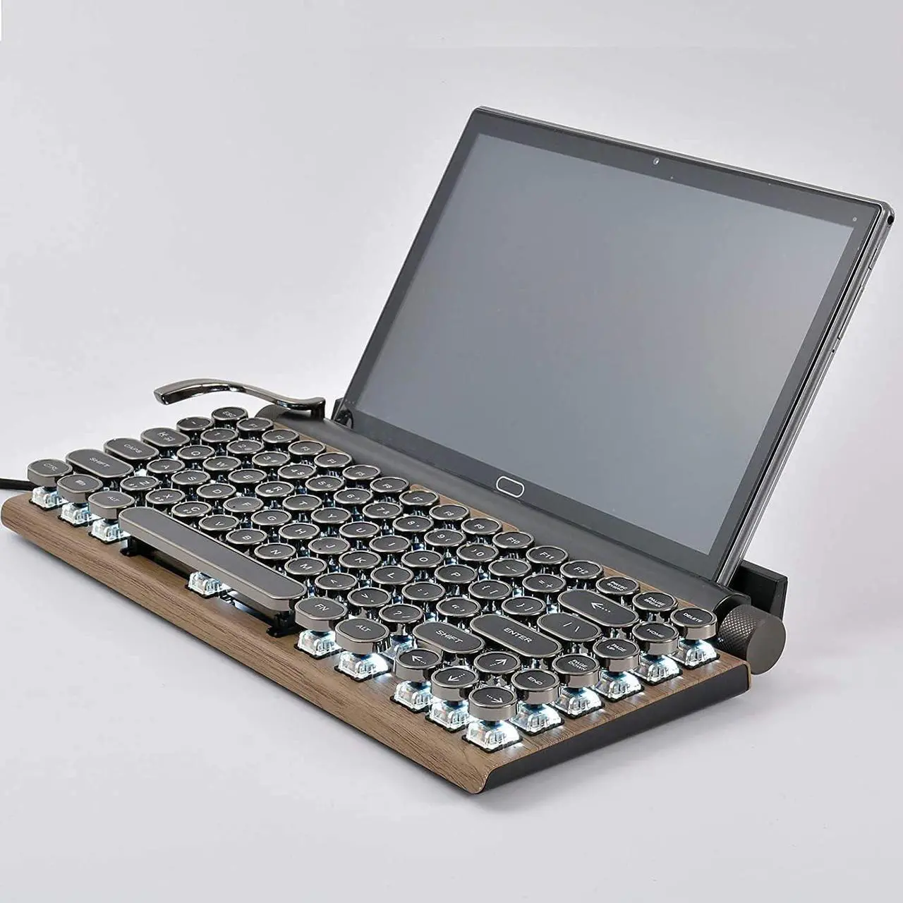 Alt view image 7 of 7 - Typewriter-Style Retro Mechanical Keyboard LED Backlight 83 Keys Bluetooth 5.0 Blue Axis Wood Color Panel Compatible with iOS/Android/Windows/Vista/Linux/Mac Office/Gaming, 12.8x6.6x1.6in
