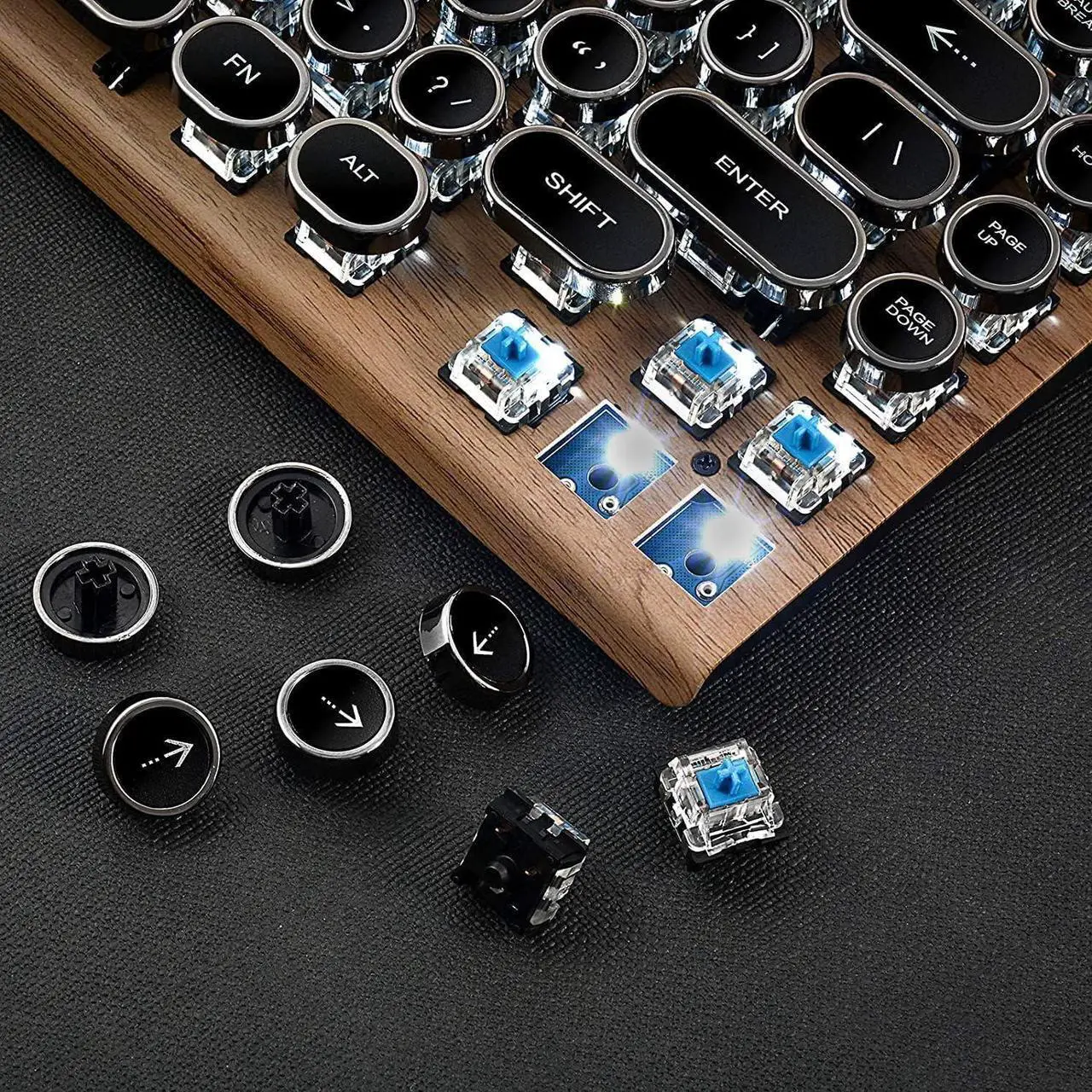 Alt view image 4 of 7 - Typewriter-Style Retro Mechanical Keyboard LED Backlight 83 Keys Bluetooth 5.0 Blue Axis Wood Color Panel Compatible with iOS/Android/Windows/Vista/Linux/Mac Office/Gaming, 12.8x6.6x1.6in