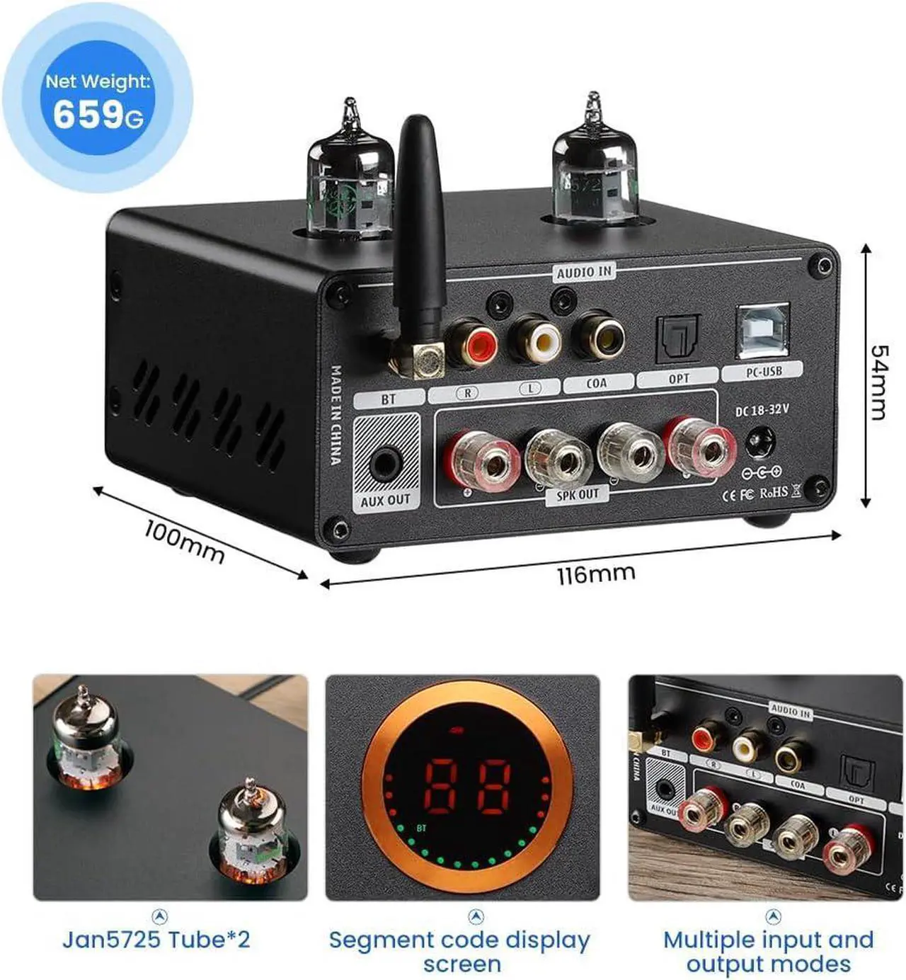 Alt view image 2 of 6 - T9 PRO 200W Bluetooth Amplifier HiFi Digital Class D Power Amp 2.0/2.1 Channel Vacuum Tube DAC Amp with VU Meter & Bass Treble Bluetooth 5.1 Coaxial Optical PC-USB inputs