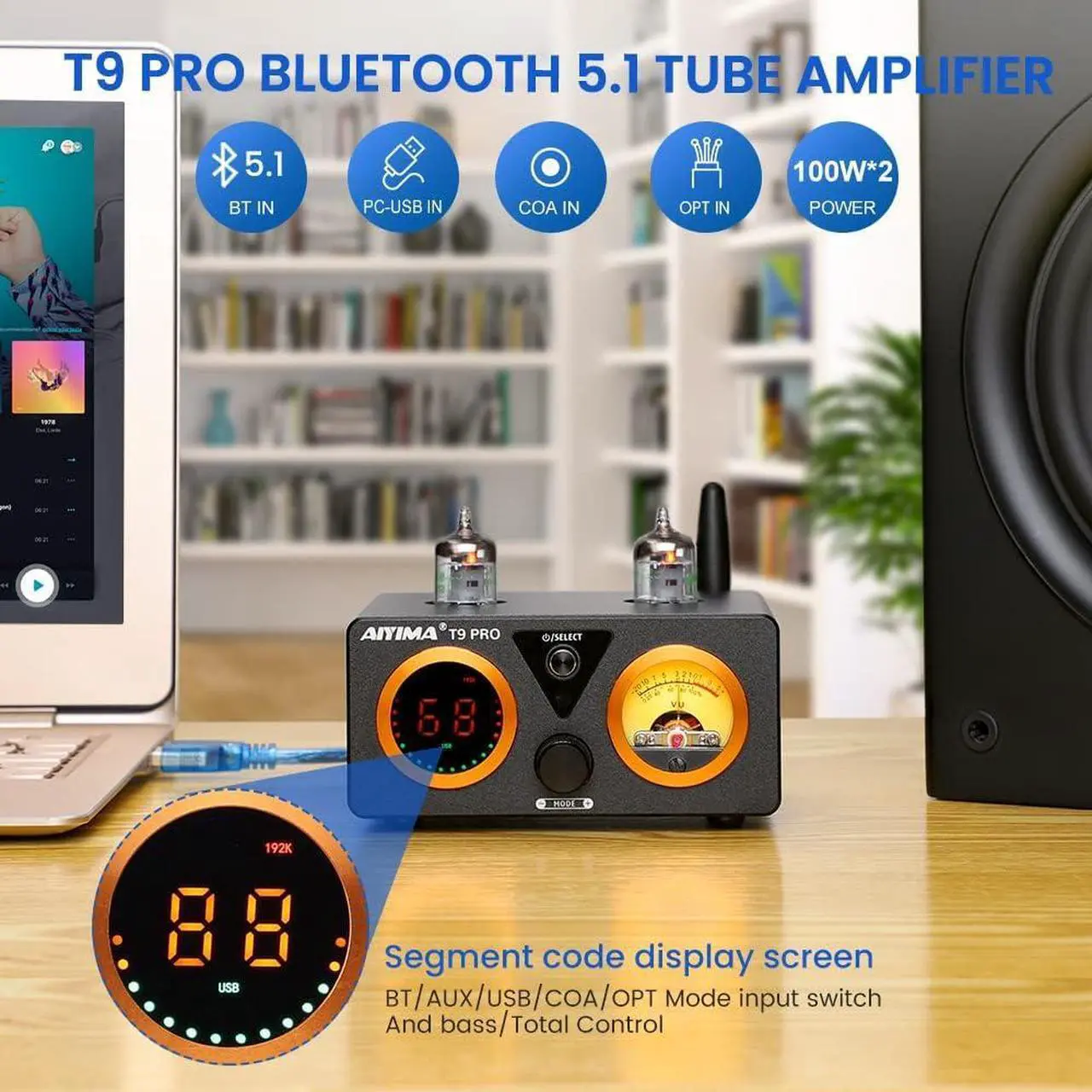 Alt view image 5 of 6 - T9 PRO 200W Bluetooth Amplifier HiFi Digital Class D Power Amp 2.0/2.1 Channel Vacuum Tube DAC Amp with VU Meter & Bass Treble Bluetooth 5.1 Coaxial Optical PC-USB inputs