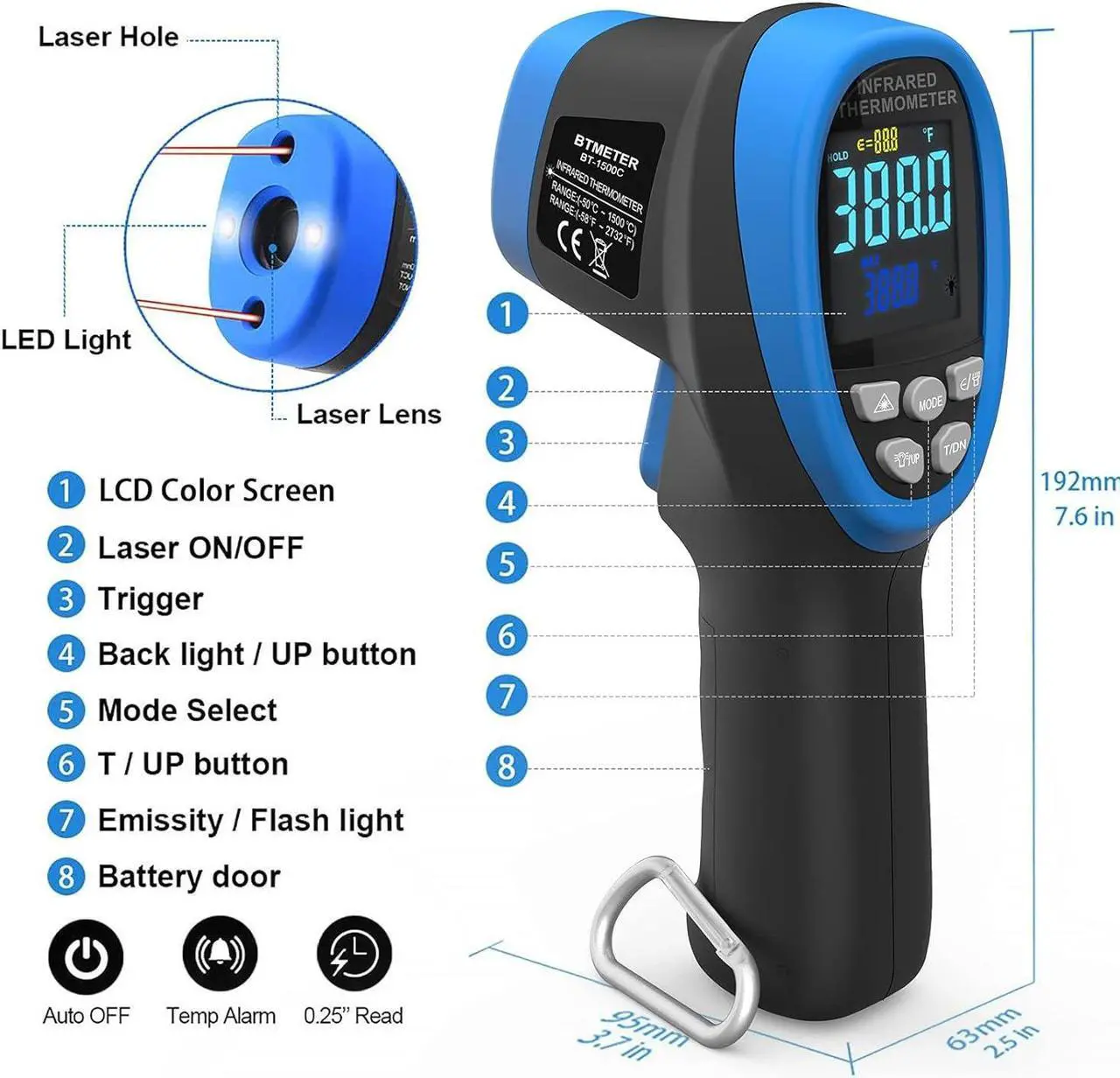 Alt view image 7 of 7 - BT-1500C Pyrometer Non Contact Laser Infrared Thermometer Measures -58 to 2732 (-50 ~ 1500) High Temp, IR Temperature Gauge with Color LCD (NOT for Human Temp)