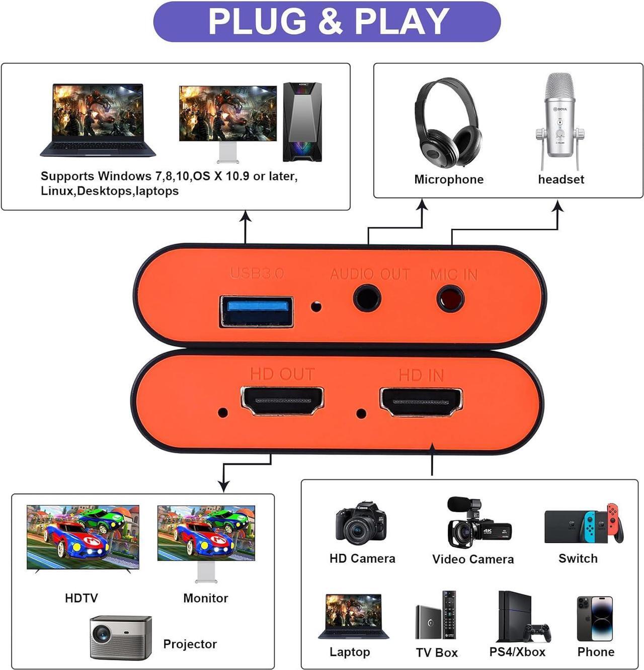 Alt view image 5 of 7 - HDMI USB3.0 Capture Card with 4K Pass-Through,1080P 60FPS Audio Video USB-C Capture Card for Windows/Mac Twitch/YouTube/Tiktok Game Live Streaming and Recording for Nintendo Switch,PS5/PS4,Xbox,DSLR