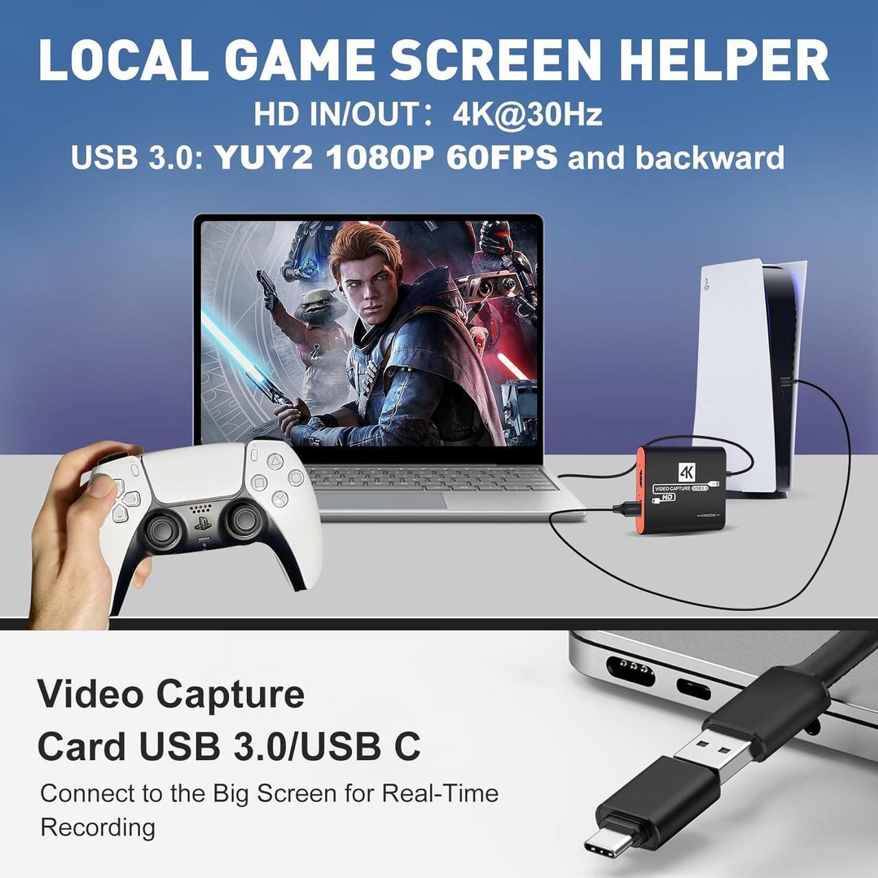 Alt view image 2 of 7 - HDMI USB3.0 Capture Card with 4K Pass-Through,1080P 60FPS Audio Video USB-C Capture Card for Windows/Mac Twitch/YouTube/Tiktok Game Live Streaming and Recording for Nintendo Switch,PS5/PS4,Xbox,DSLR