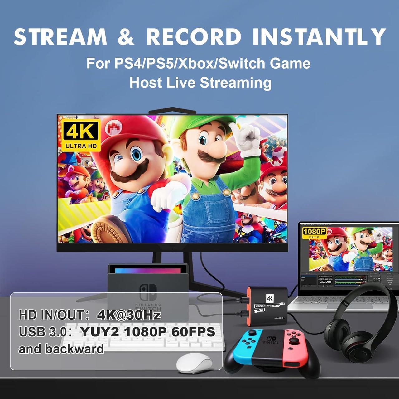 Alt view image 3 of 7 - HDMI USB3.0 Capture Card with 4K Pass-Through,1080P 60FPS Audio Video USB-C Capture Card for Windows/Mac Twitch/YouTube/Tiktok Game Live Streaming and Recording for Nintendo Switch,PS5/PS4,Xbox,DSLR