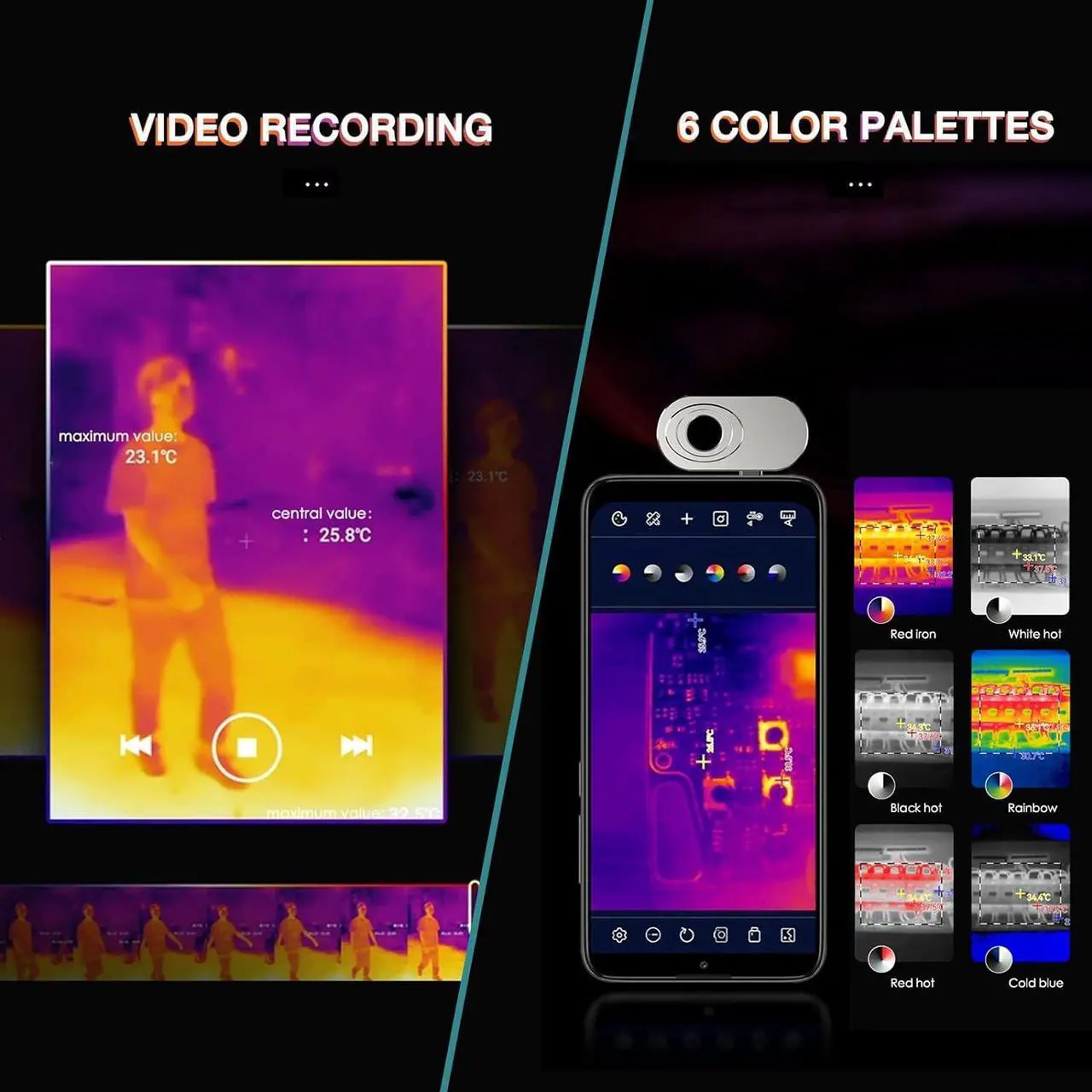 Alt view image 6 of 7 - Thermal Camera Android, Thermal Imaging Camera Support Video Recording, 6 Color Palettes,Thermal Camera for Smartphone 160x120 IR/25HZ Infrared Thermal Imager