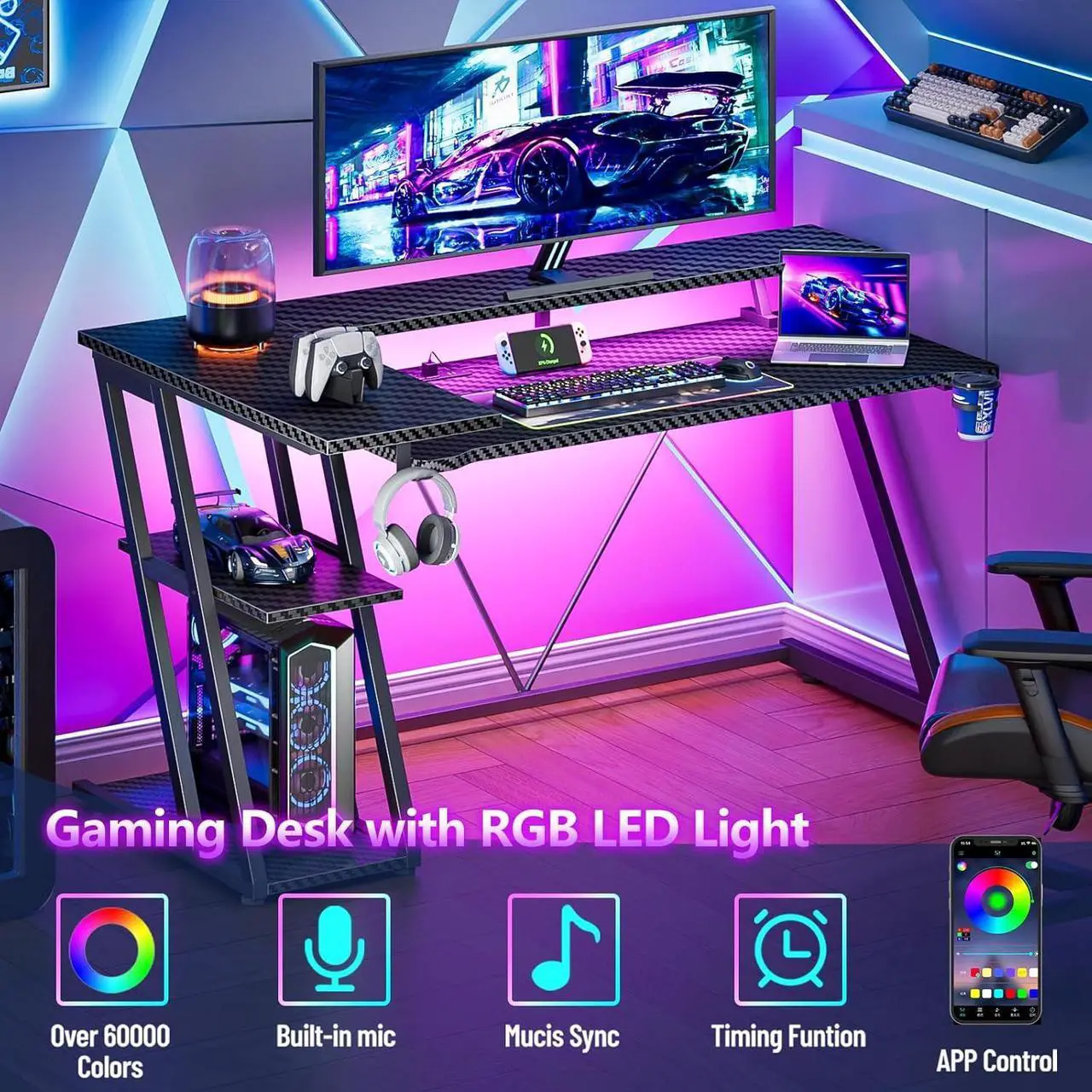 Alt view image 4 of 7 - 47" Inch Gaming Desk with Power Outlet & LED Lights, L Shaped Gamer Computer Table with Storage Shelves for Bedroom, Corner Home Office Desk, Carbon Fiber Black