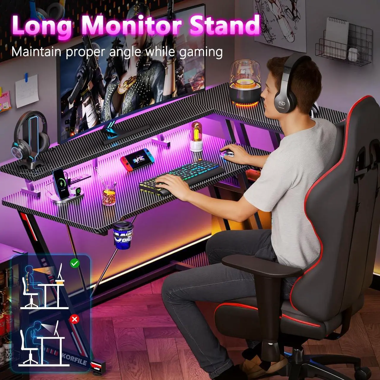 Alt view image 7 of 7 - 47" Inch Gaming Desk with Power Outlet & LED Lights, L Shaped Gamer Computer Table with Storage Shelves for Bedroom, Corner Home Office Desk, Carbon Fiber Black