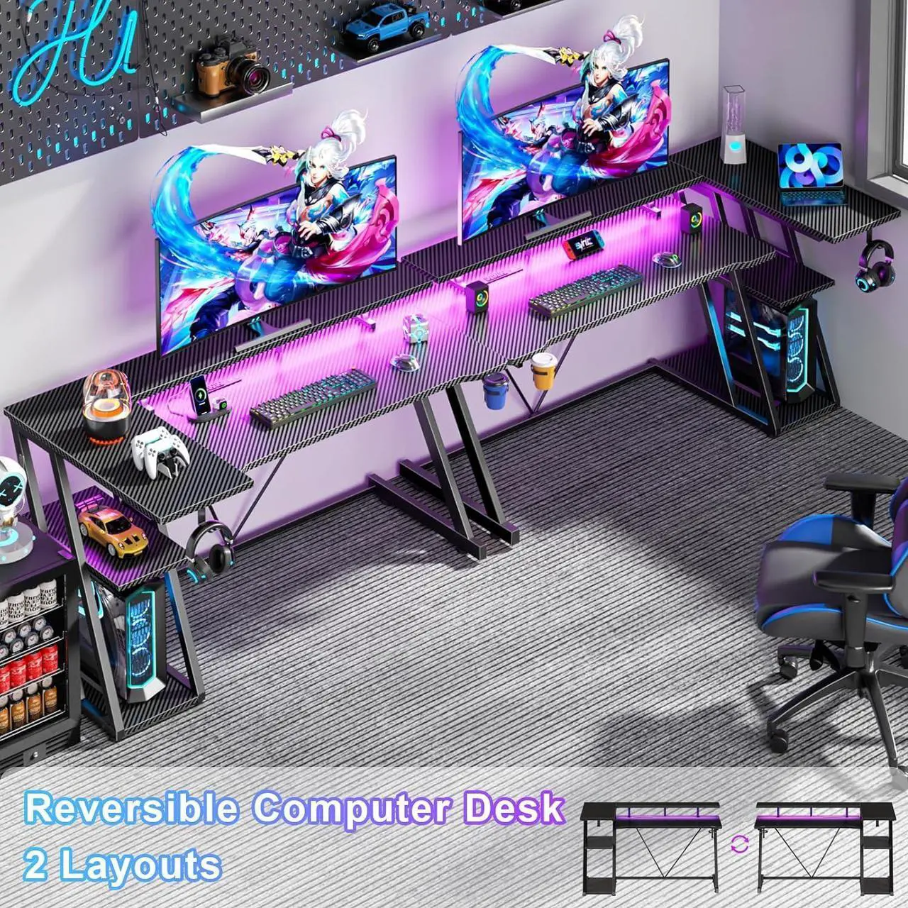 Alt view image 3 of 7 - 47" Inch Gaming Desk with Power Outlet & LED Lights, L Shaped Gamer Computer Table with Storage Shelves for Bedroom, Corner Home Office Desk, Carbon Fiber Black