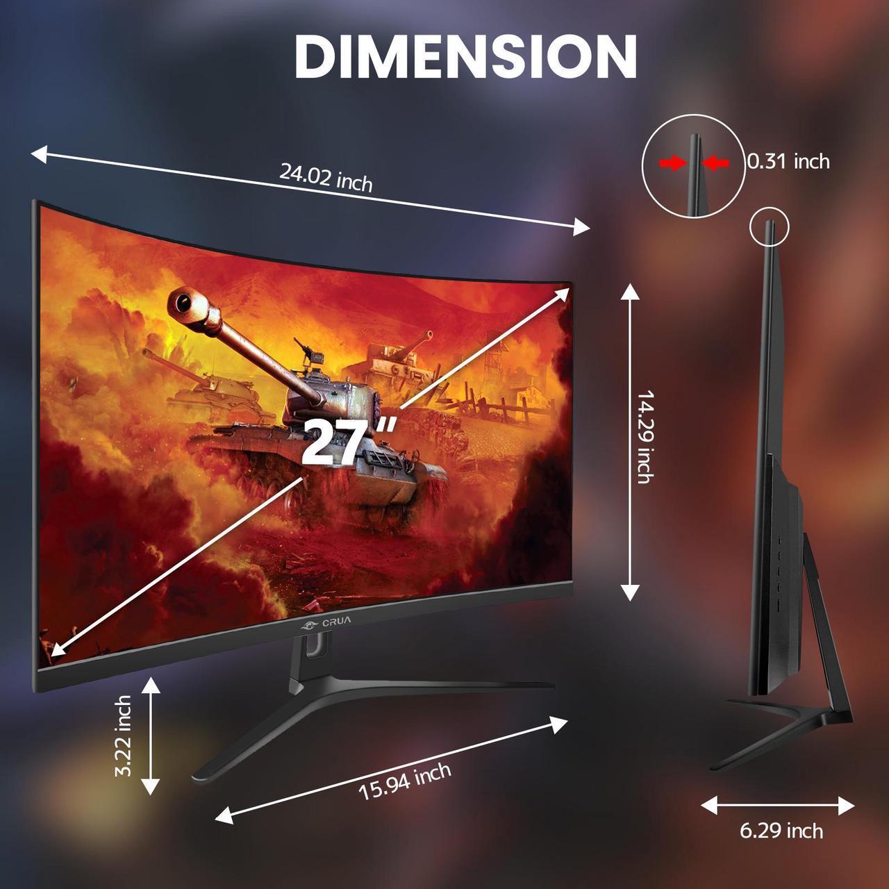 Alt view image 2 of 7 - CRUA 27" 144Hz/180Hz Curved Gaming Monitor, FHD 1080P VA Screen 1800R Computer Monitors, 1ms(GTG) with FreeSync, Low Motion Blur, DisplayPort, HDMI, Support Wall Mount Install- Black
