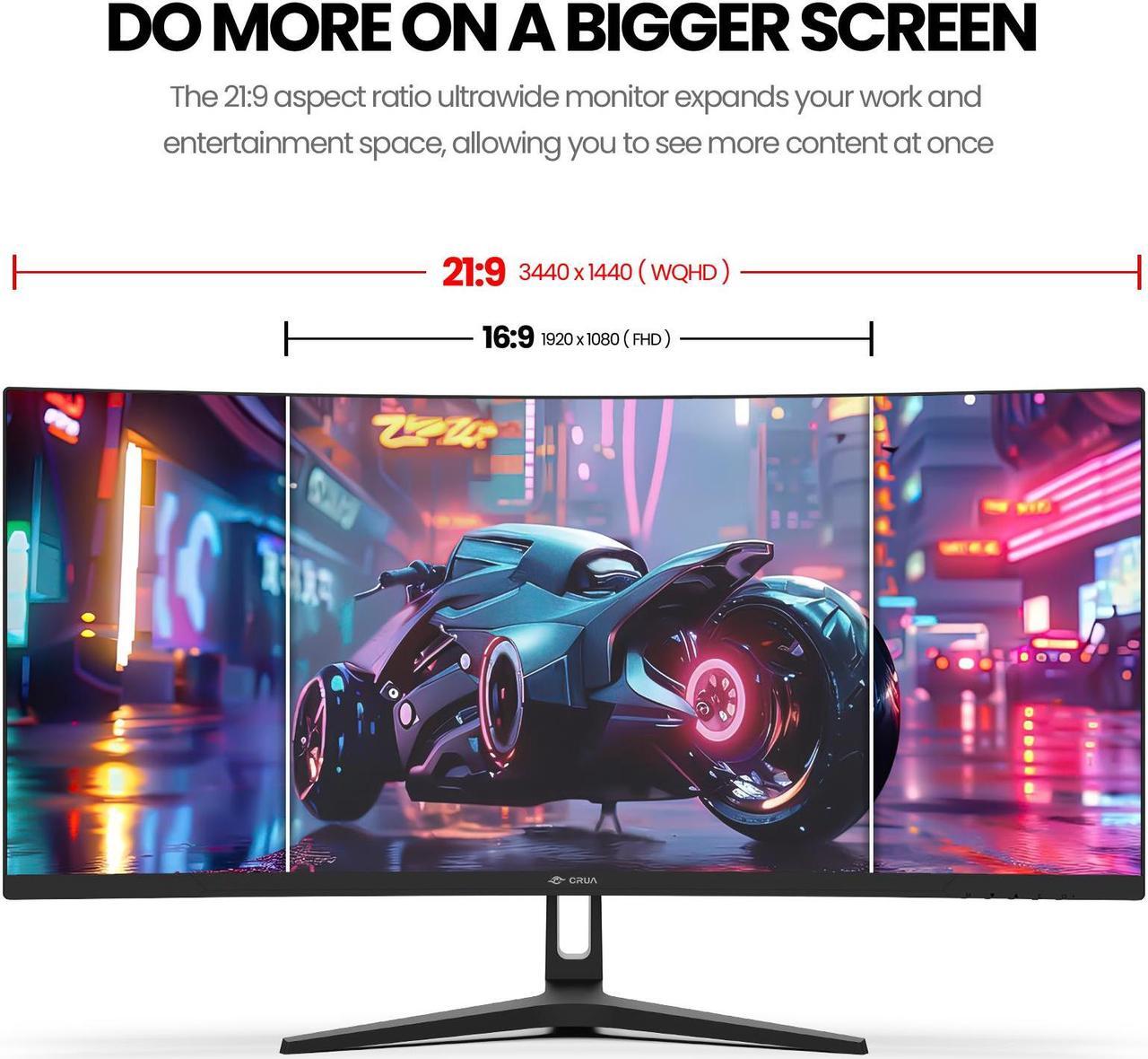Alt view image 3 of 7 - CRUA 34Inch Ultrawide Gaming Monitor, WQHD(3440*1440P)144Hz/165Hz Curved Monitor,1500R, 99% sRGB, Computer Monitor That Support AMD Freesync, HDMI 2.0 & Displayport 1.4,Wall Mountable Installs-Black