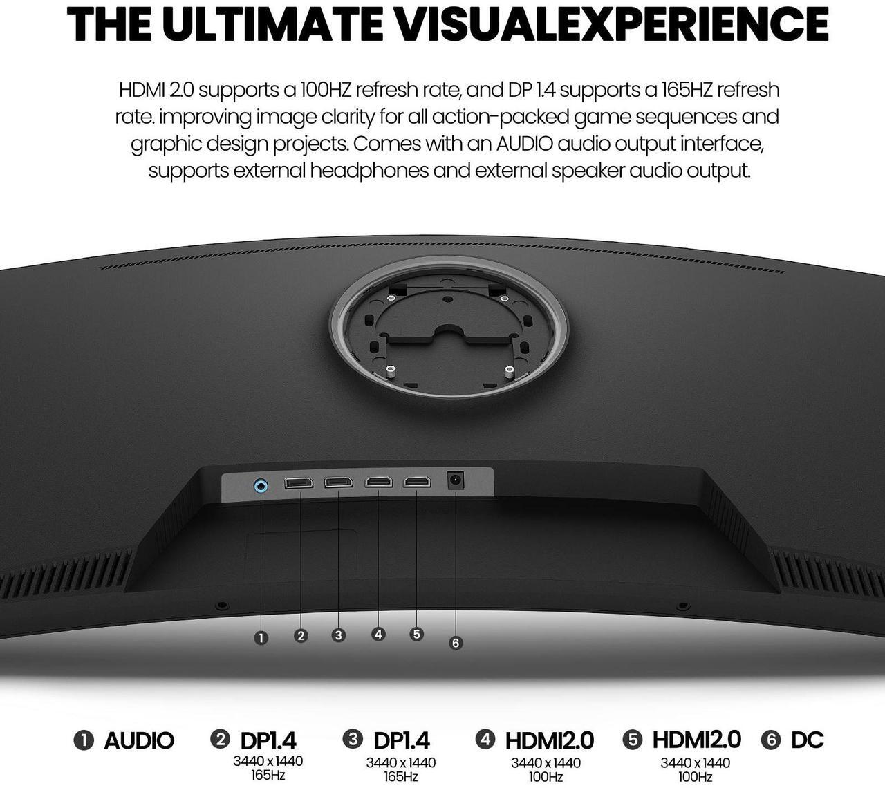 Alt view image 4 of 7 - CRUA 34Inch Ultrawide Gaming Monitor, WQHD(3440*1440P)144Hz/165Hz Curved Monitor,1500R, 99% sRGB, Computer Monitor That Support AMD Freesync, HDMI 2.0 & Displayport 1.4,Wall Mountable Installs-Black