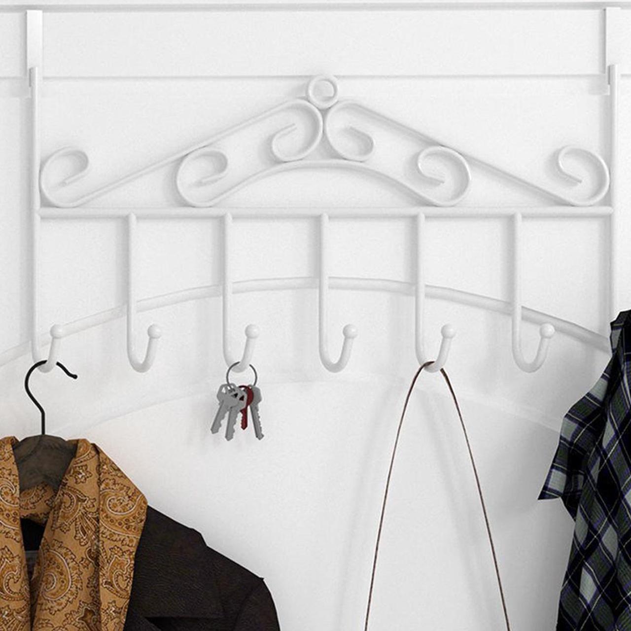 Alt view image 6 of 7 - LIMORUNS Over Door Hanger Hook,4 PCS Metal Hanging Over The Door Hooks Hanger Towel Rack Coat Rack Organizer 7 Hooks for Clothes Coat Rack Hat Towel Bathroom Bedroom, White