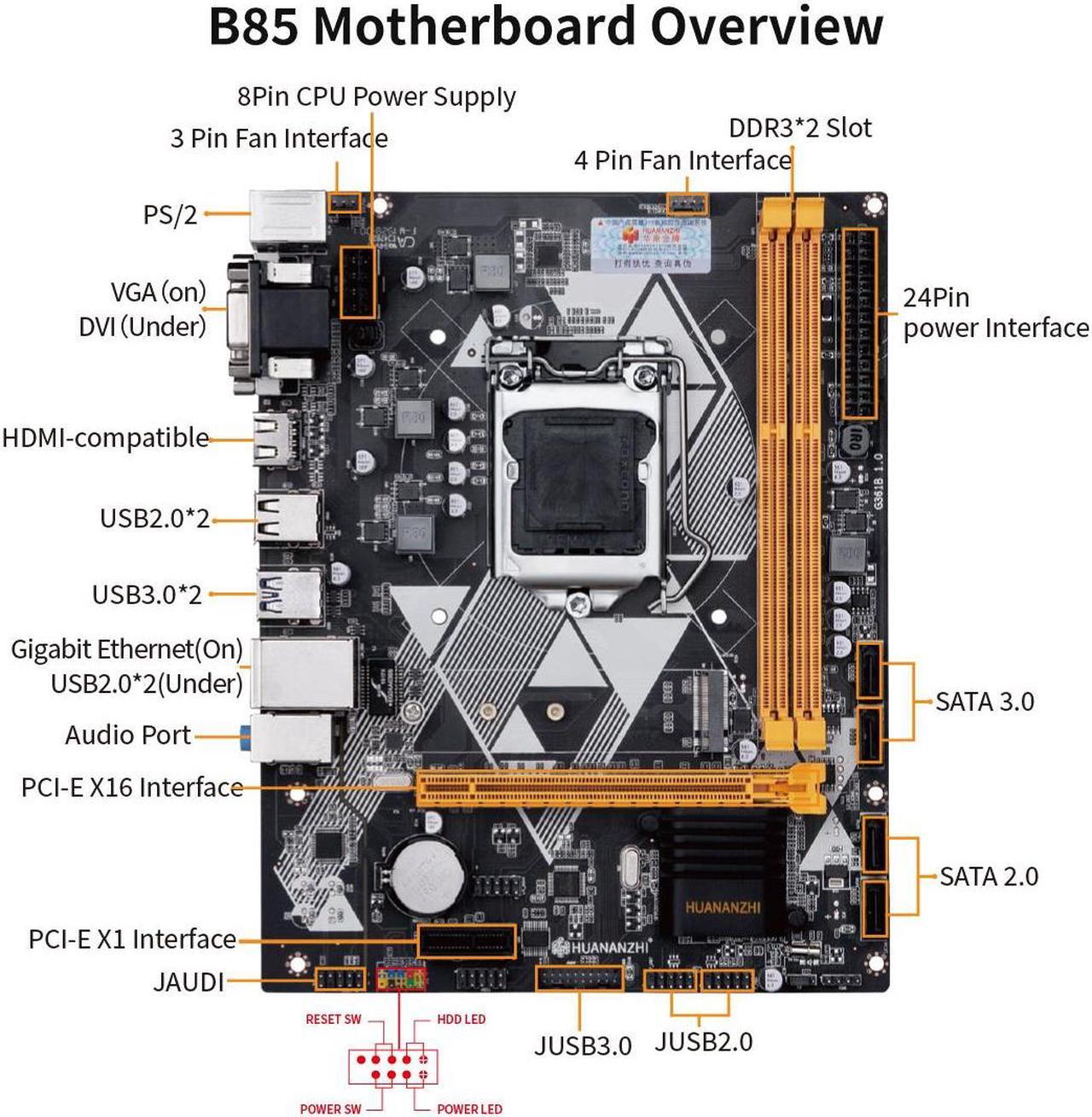 Alt view image 6 of 7 - HUANANZHI B85 Motherboard M-ATX LGA 1150 i3 i5 i7 E3 DDR3 1600MHz 16GB M.2 SATA3 USB3.0 VGA DVI HDMI-Compatible Mainboard