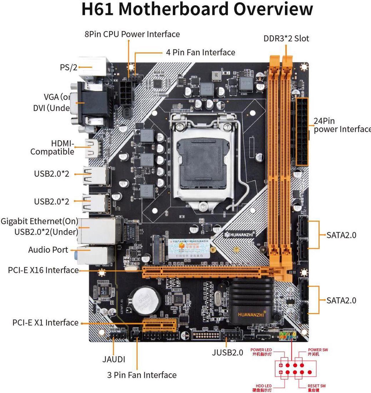 Alt view image 5 of 7 - HUANANZHI H61 Motherboard M-ATX For LGA 1155 Support i3 i5 i7 DDR3 1333 1600MHz 16GB SATA M.2 USB2.0 VGA HDMI-Compatible
