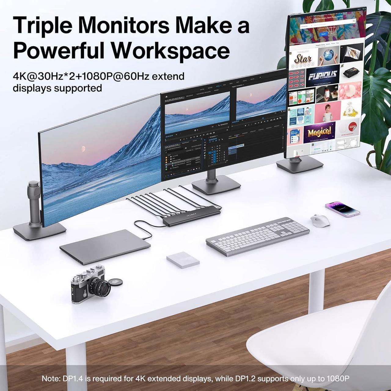 Alt view image 3 of 7 - iVANKY Laptop Docking Station with 100W Power Adapter USB C 13-in-1 Triple Display Thunderbolt 3/4 Dock, Dual Monitor For Dell, HP, ASUS, Surface, Acer, etc, DP, 96W PD, USB 3.0, SD/TF