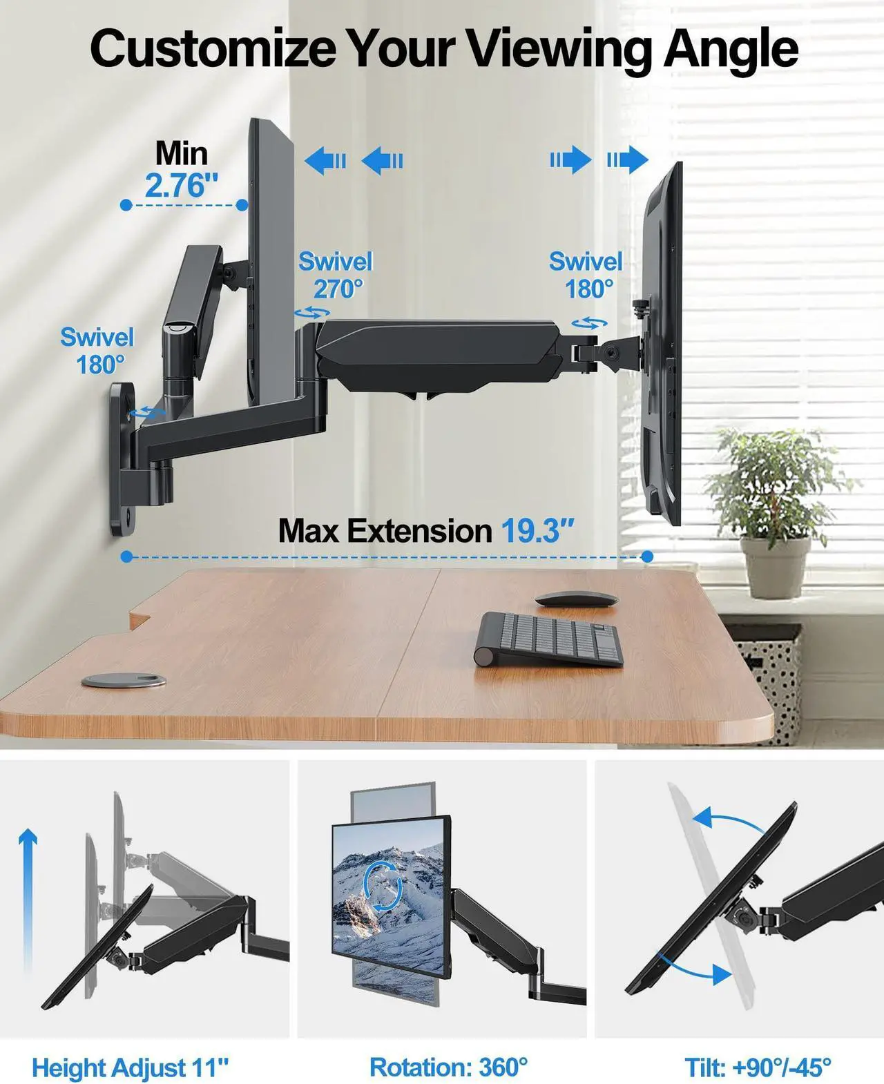 Alt view image 3 of 5 - MOUNTUP Dual Monitor Wall Mount Bundle with Single Monitor Wall Arm for Max 32 Inch Computer Screen, Support Max 17.6lbs, Fit for 75x75mm and 100x100mm VESA Pattern