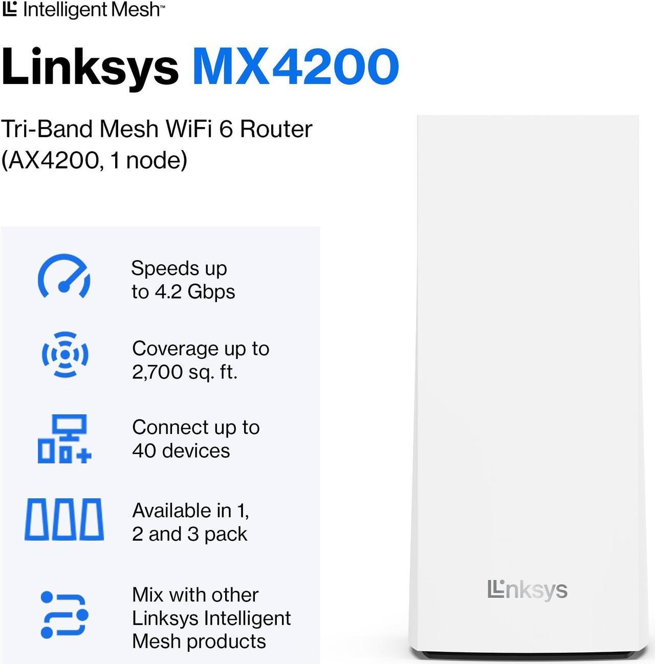 Alt view image 2 of 5 - Linksys MX4200 Mesh WiFi Router - AX4200 WiFi 6 Router - Velop Tri-Band WiFi Mesh Router For Wireless Internet - Internet Router - Connect 40+ Devices, 2,700 Sq Ft, 1-Pk