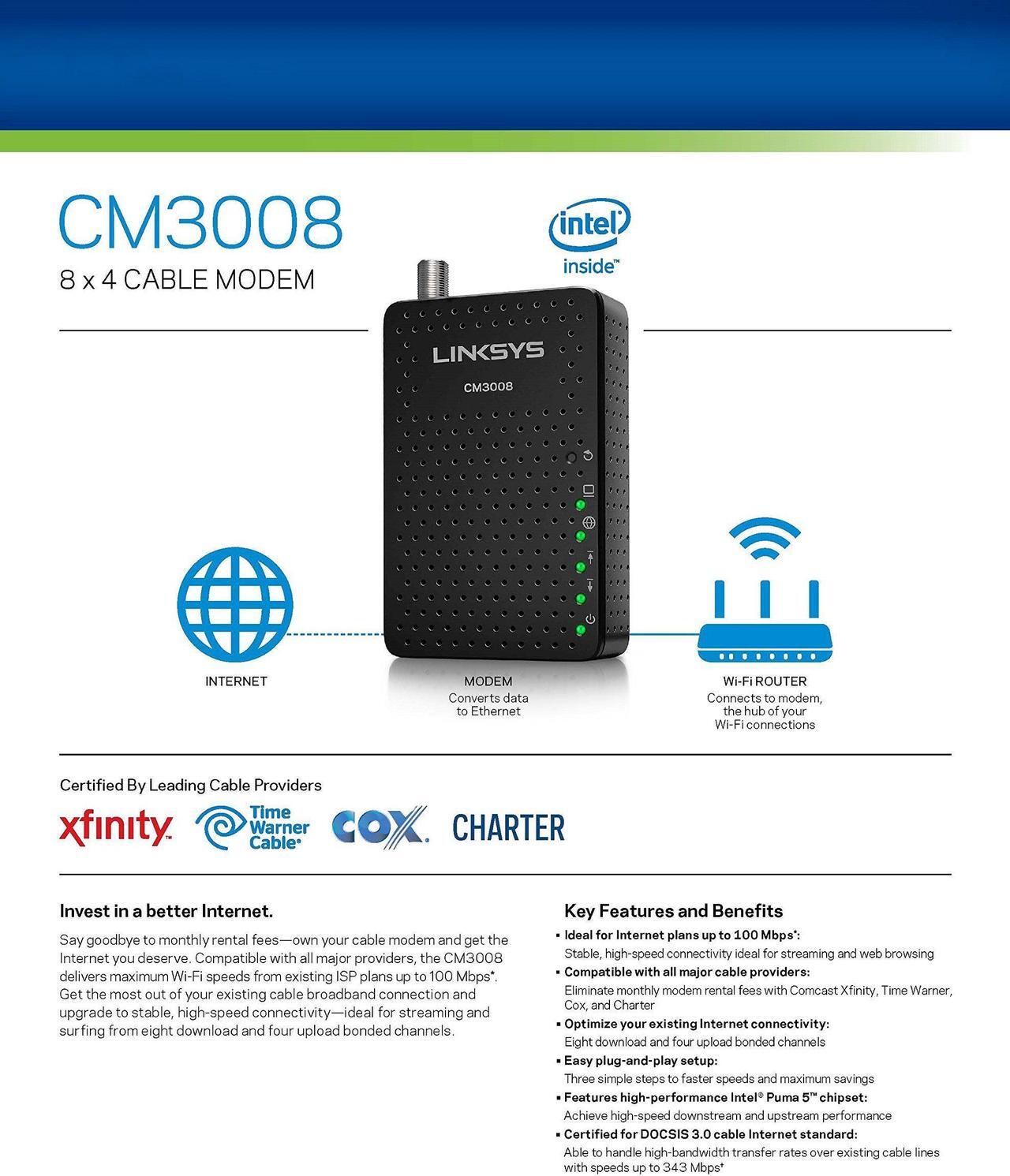 Alt view image 5 of 5 - Linksys DOCSIS 3.0 8x4 Cable Modem Certified with Comcast Xfinity, Spectrum, Cox (CM3008)