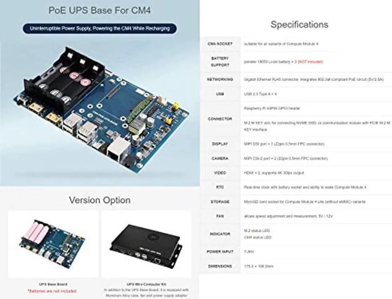 Alt view image 3 of 5 - Waveshare PoE UPS Uninterruptible Power Supply Base Board/Mini-Computer Designed for Raspberry Pi Compute Module 4 Gigabit Ethernet Dual HDMI Quad USB2.0
