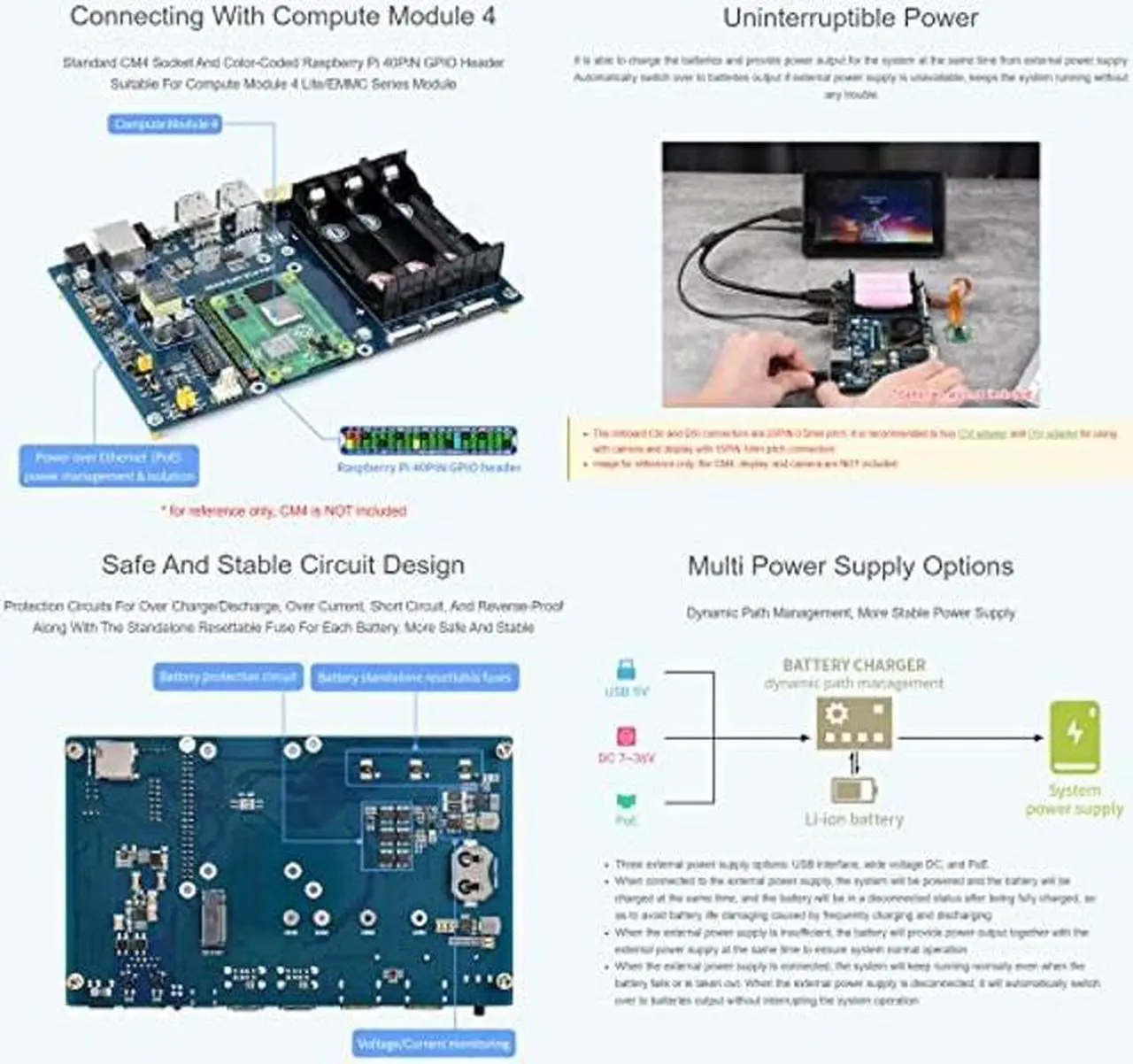 Alt view image 4 of 5 - Waveshare PoE UPS Uninterruptible Power Supply Base Board/Mini-Computer Designed for Raspberry Pi Compute Module 4 Gigabit Ethernet Dual HDMI Quad USB2.0