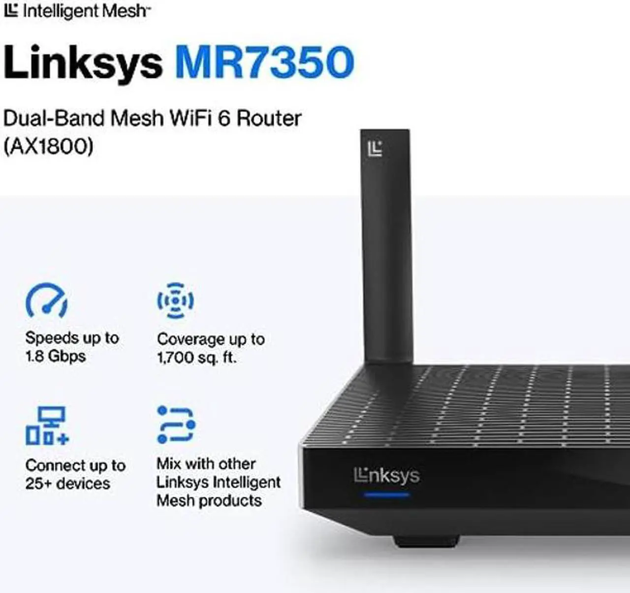 Alt view image 2 of 5 - Linksys Mesh Wifi 6 Router, Dual-Band, 1,700 Sq. ft Coverage, 25+ Devices, Speeds up to (AX1800) 1.8Gbps - MR7350