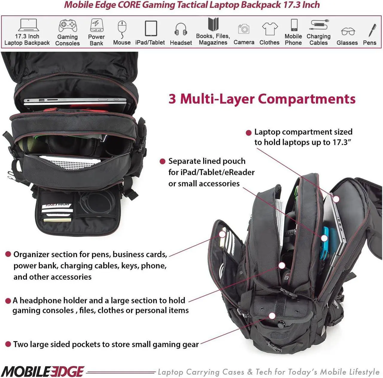 Alt view image 2 of 5 - Mobile Edge Core Gaming Tactical Backpack for Men and Women, 17 Inch Laptop Travel Computer Gear Bag, Water-Resistant Cover, Black, Large