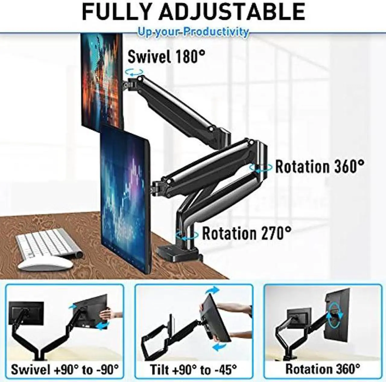 Alt view image 3 of 5 - MOUNTUP Dual Monitor Mount for 2 Max 35 inch Ultrawide Screen, Hold 6.6-30.9lbs, Full Motion Gas Spring Dual Monitor Desk Arm, Adjustable Heavy Duty Monitor Stand, VESA Bracket with Clamp/Grommet Base