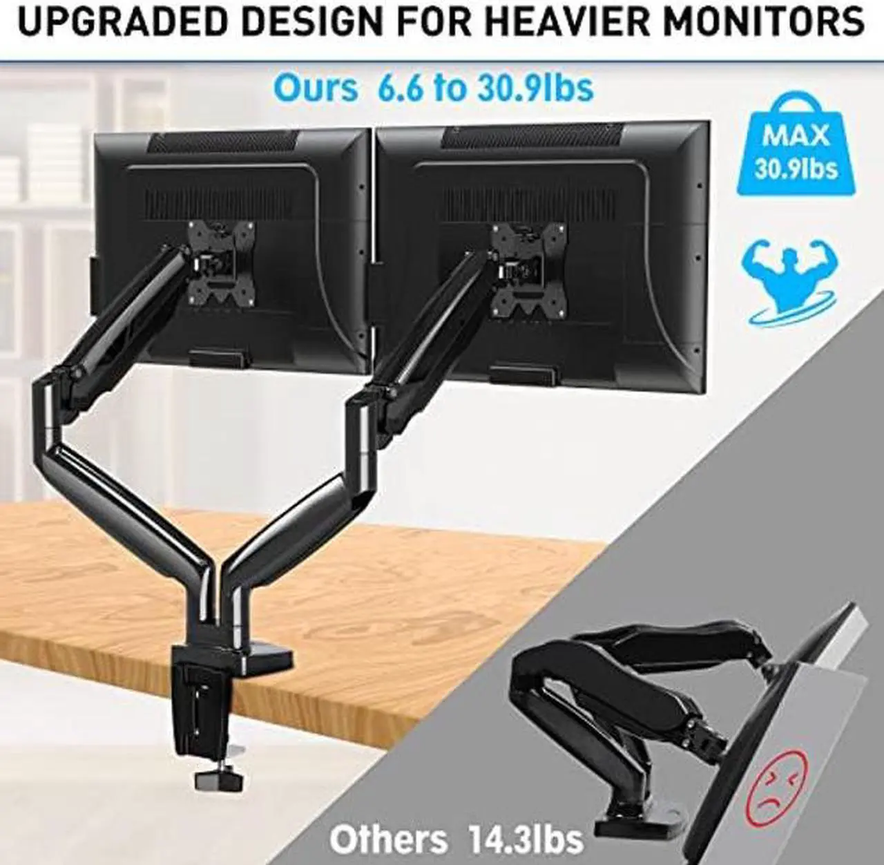 Alt view image 2 of 5 - MOUNTUP Dual Monitor Mount for 2 Max 35 inch Ultrawide Screen, Hold 6.6-30.9lbs, Full Motion Gas Spring Dual Monitor Desk Arm, Adjustable Heavy Duty Monitor Stand, VESA Bracket with Clamp/Grommet Base