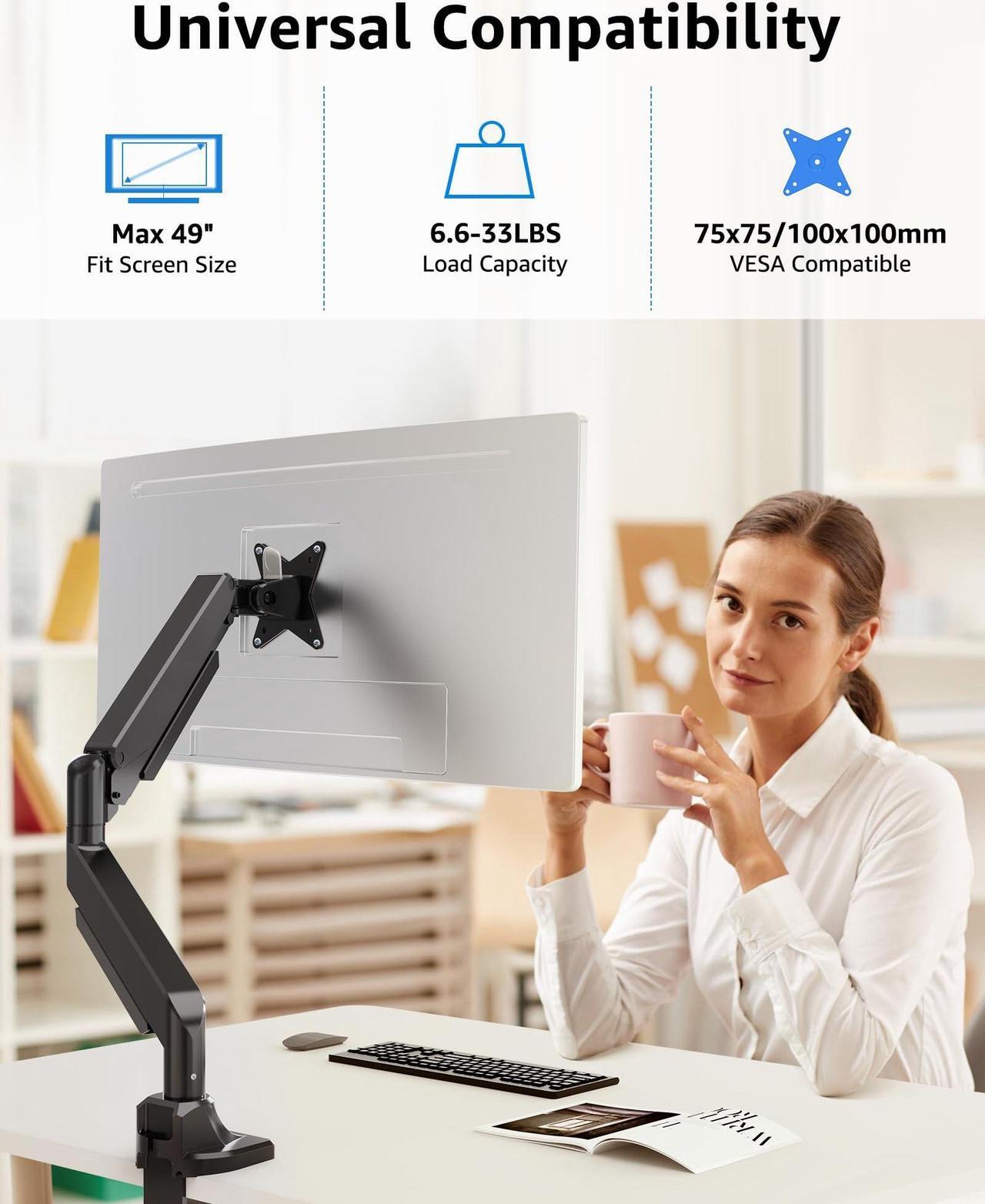Alt view image 4 of 5 - MOUNTUP Single Monitor Mount fits 17''-49'' Ultrawide Screen, Holds 6.6-33lbs + MOUNTUP Single Monitor Desk Mount, Adjustable Gas Spring Monitor Arm Support Max 32 Inch, 4.4-17.6lbs Screen