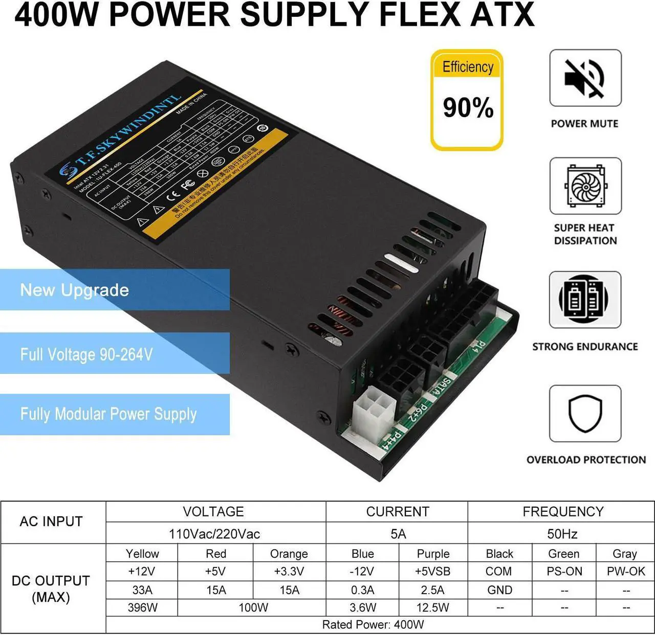 Alt view image 2 of 5 - 400W Power Supply Flex ATX Fully Modular PSU Full Voltage 90V-264V Computer Supplies for Gaming Server Desktop