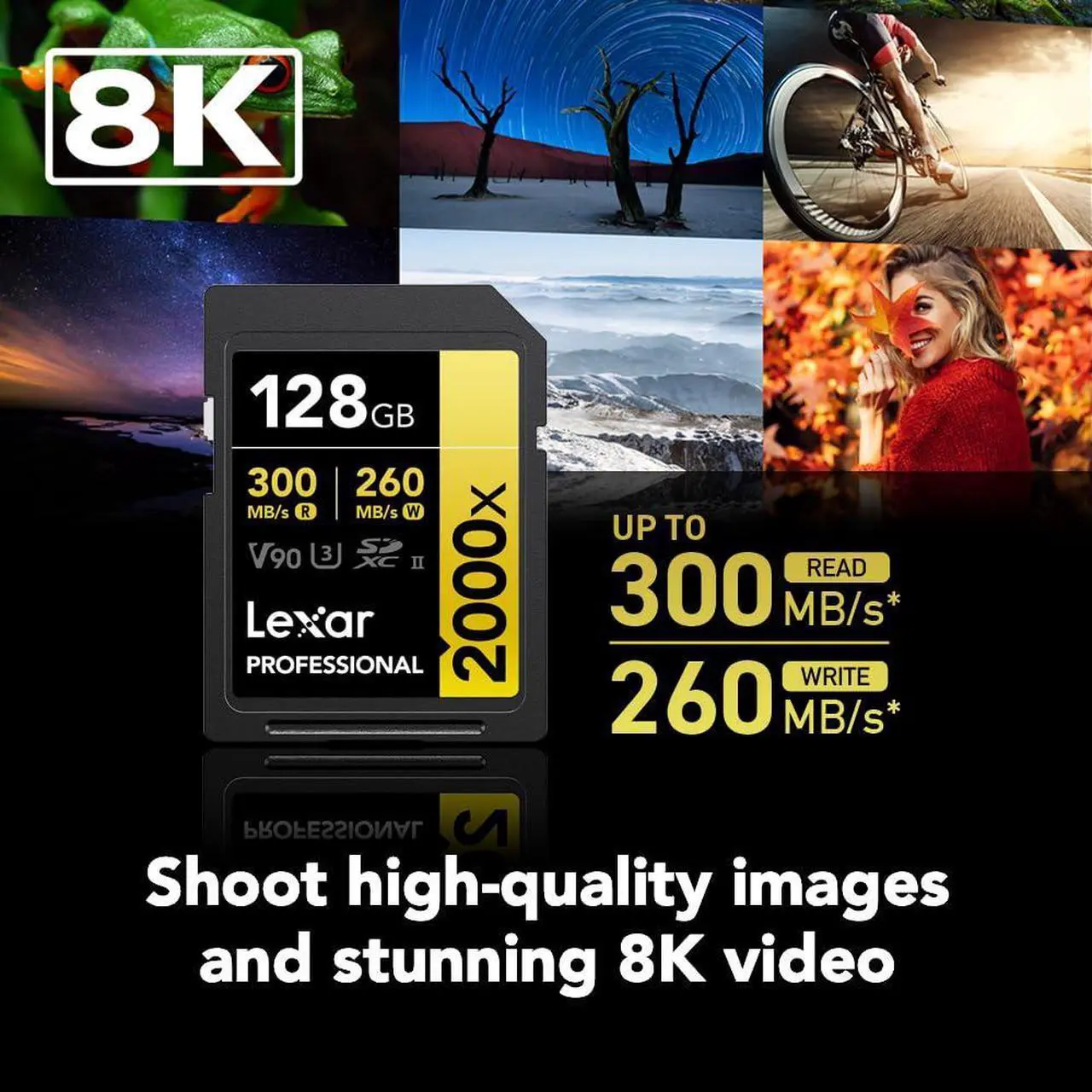 Alt view image 2 of 5 - Lexar 128GB Professional 2000x SDXC Memory Card, UHS-II, C10, U3, V90, Full-HD & 8K Video, Up To 300MB/s Read, for DSLR, Cinema-Quality Video Cameras (LSD2000128G-BNNNU)