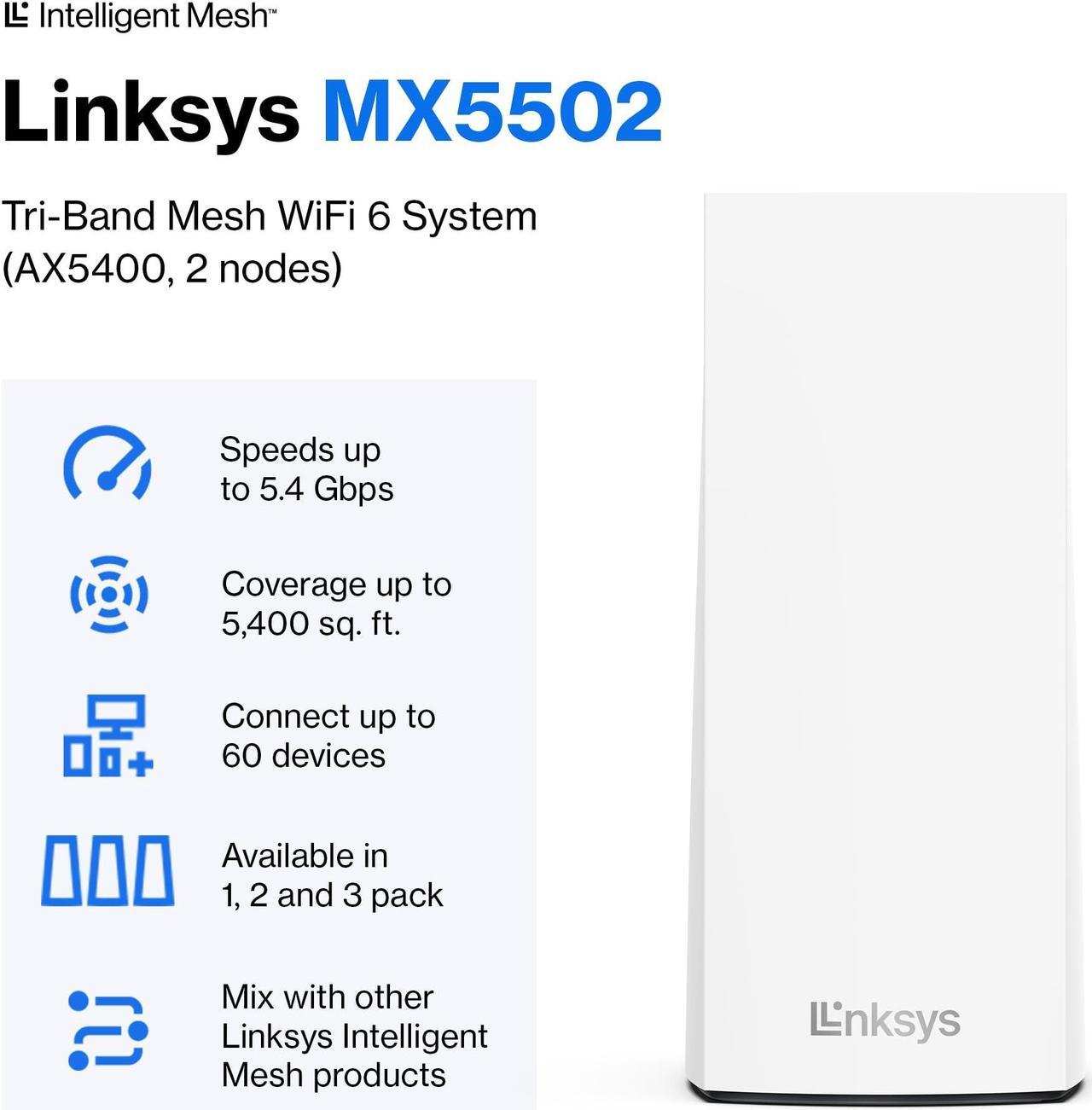 Alt view image 2 of 5 - Linksys Atlas Pro 6 WiFi Router - AX5400 WiFi 6 Router - Dual-Band Mesh Wifi System - WiFi 6 Mesh Routers for Wireless Internet - Connect 60+ Devices, 5,400 sq ft, MX5502 2-Pk