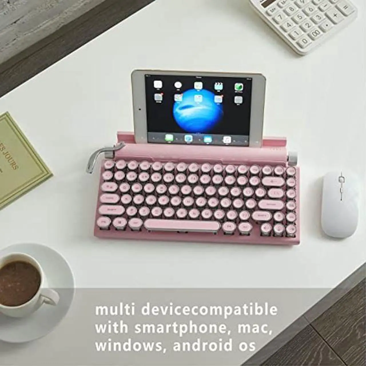 Alt view image 2 of 5 - Bewinner Typewriter Mechanical Keyboard, 83 Keys Blue Switch Bluetooth 5.0 Gaming Keyboard, 3 Devices FN Master, Retro Style Bluetooth Mechanical Keyboard (Pink)