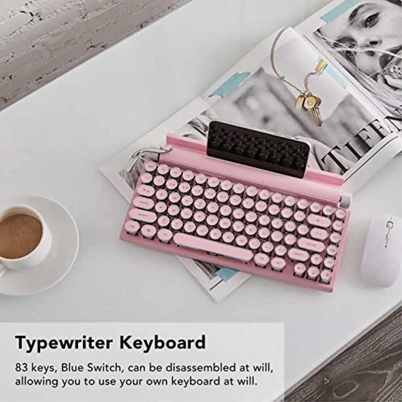 Alt view image 3 of 5 - Bewinner Typewriter Mechanical Keyboard, 83 Keys Blue Switch Bluetooth 5.0 Gaming Keyboard, 3 Devices FN Master, Retro Style Bluetooth Mechanical Keyboard (Pink)